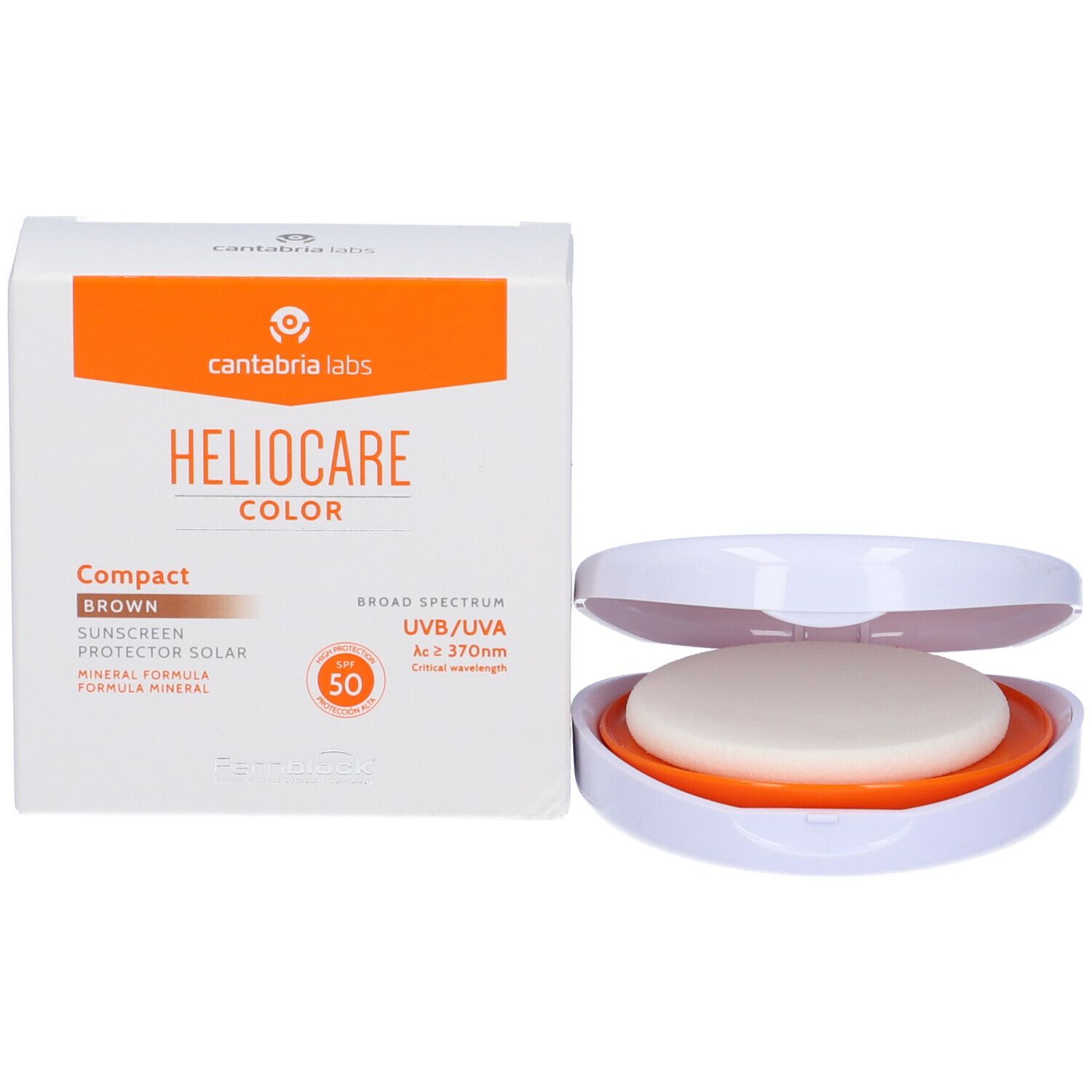 Confezione bianca con 'HELIOCARE COLOR Compact Brown'. Contiene una cipria compatta e una spugna rotonda.