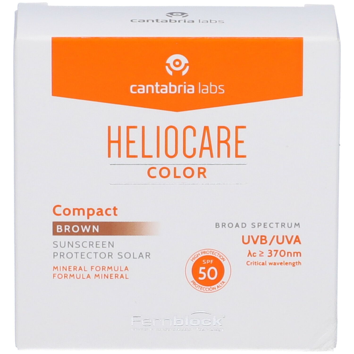 Confezione bianca con 'HELIOCARE COLOR Compact Brown'. Indica fattore di protezione solare 50.