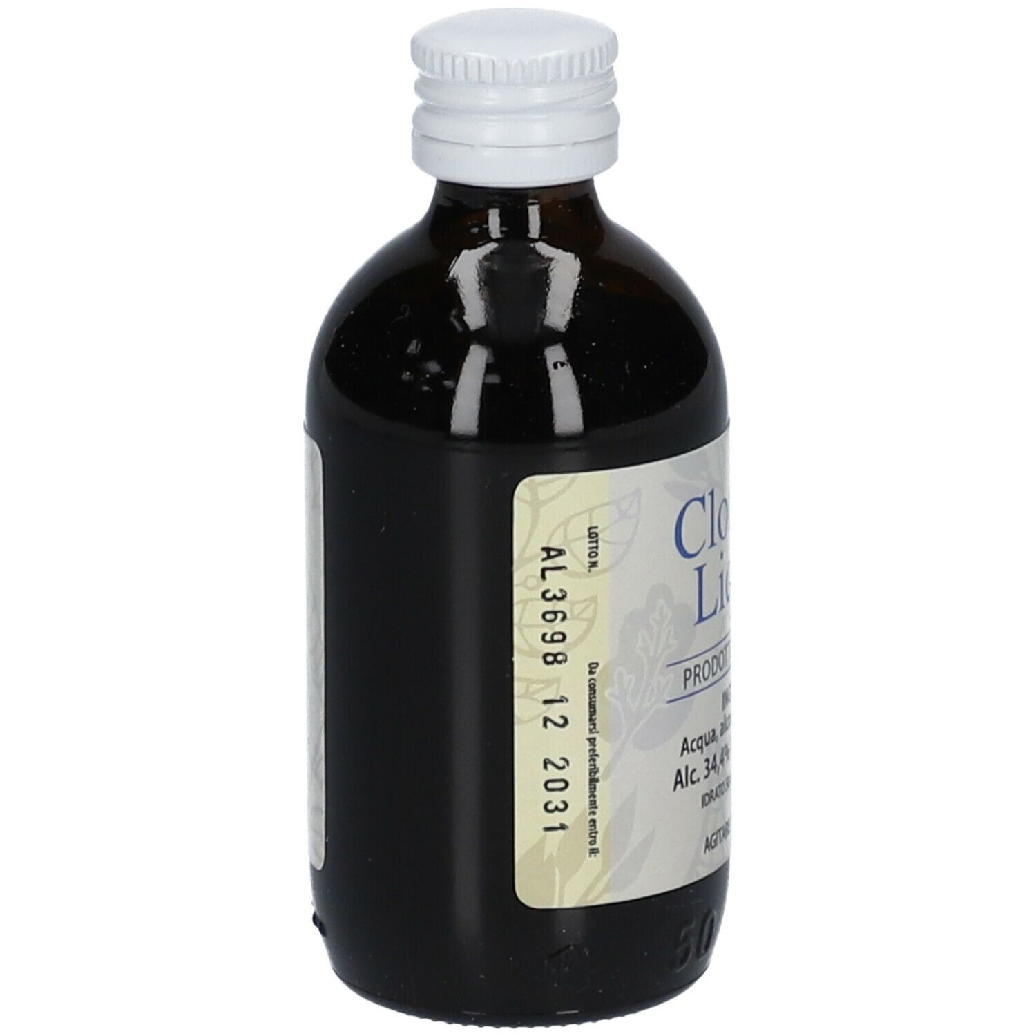 Bottiglia di vetro marrone con tappo bianco. Scritta: Clorofill Liquida. Etichetta con testo e data di scadenza.