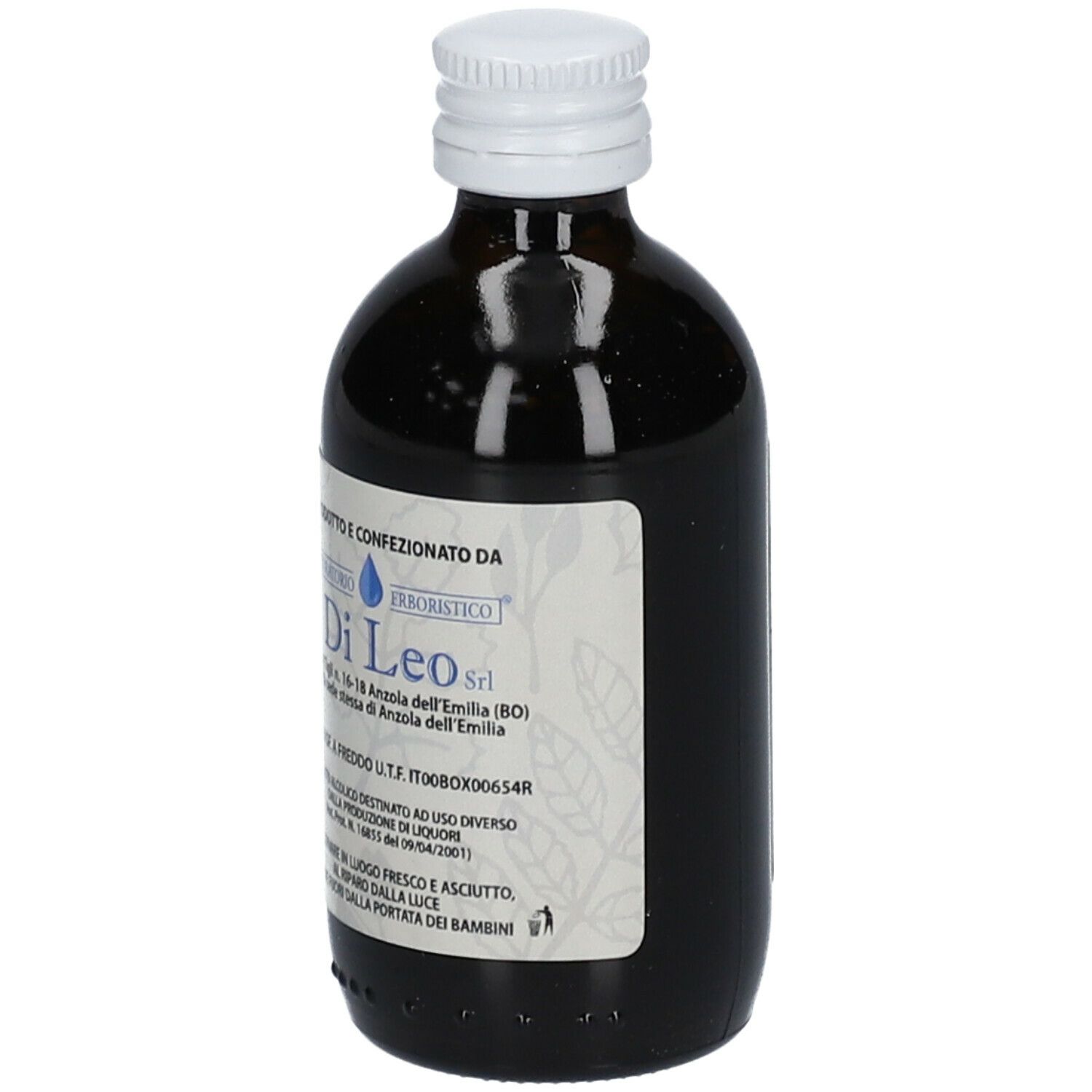 Bottiglia di vetro marrone con tappo bianco. Scritta: Clorofill Liquida. Etichetta con informazioni del produttore.