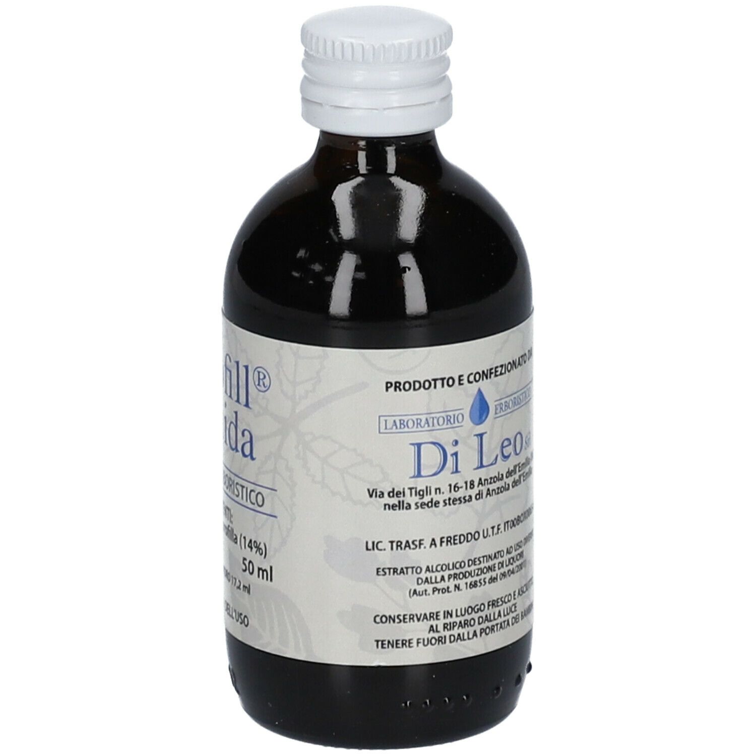 Bottiglia di vetro marrone con tappo bianco. Scritta: Clorofill Liquida. Etichetta con informazioni del produttore.
