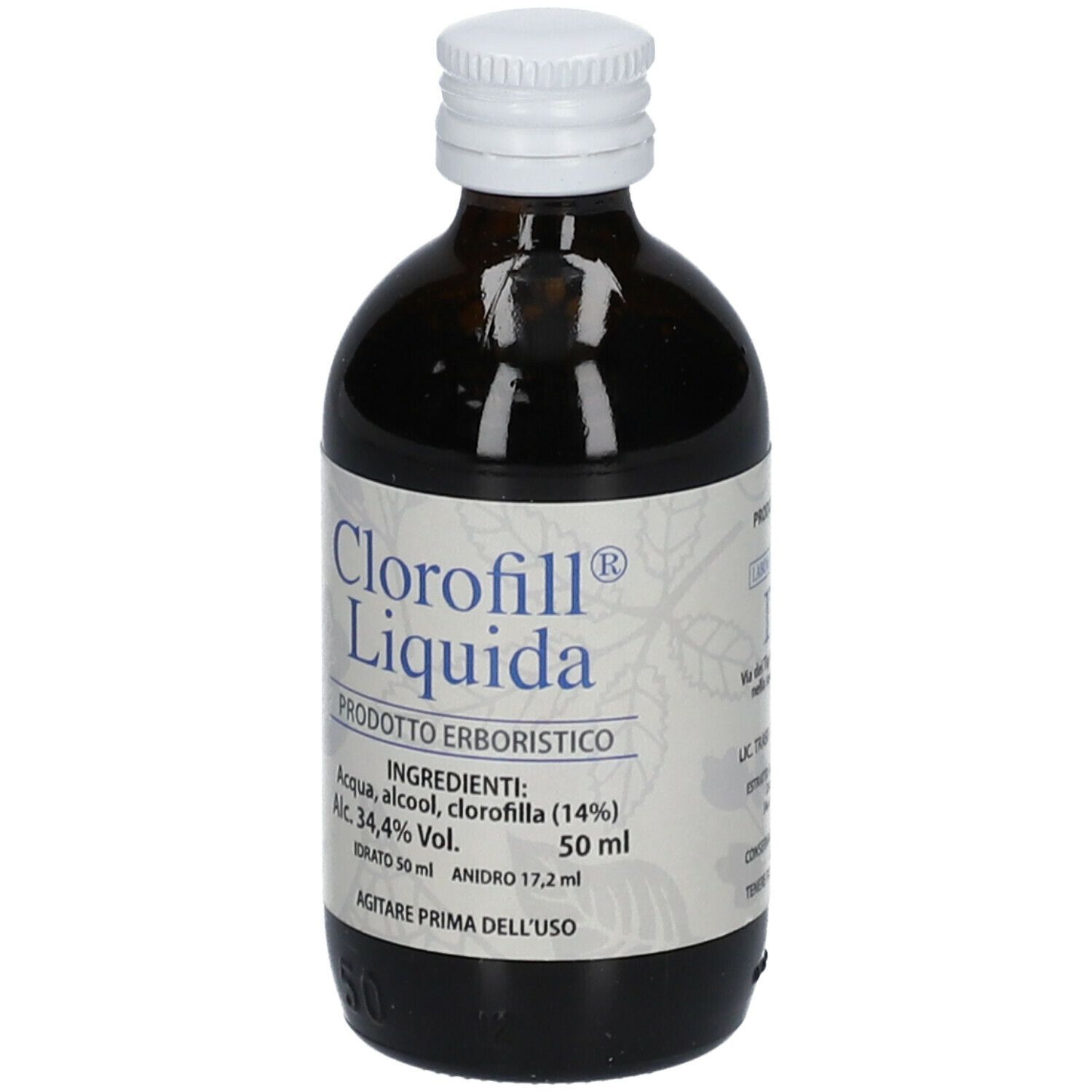 Bottiglia di vetro marrone con tappo bianco. Scritta: Clorofill Liquida, descrizione del prodotto e ingredienti.