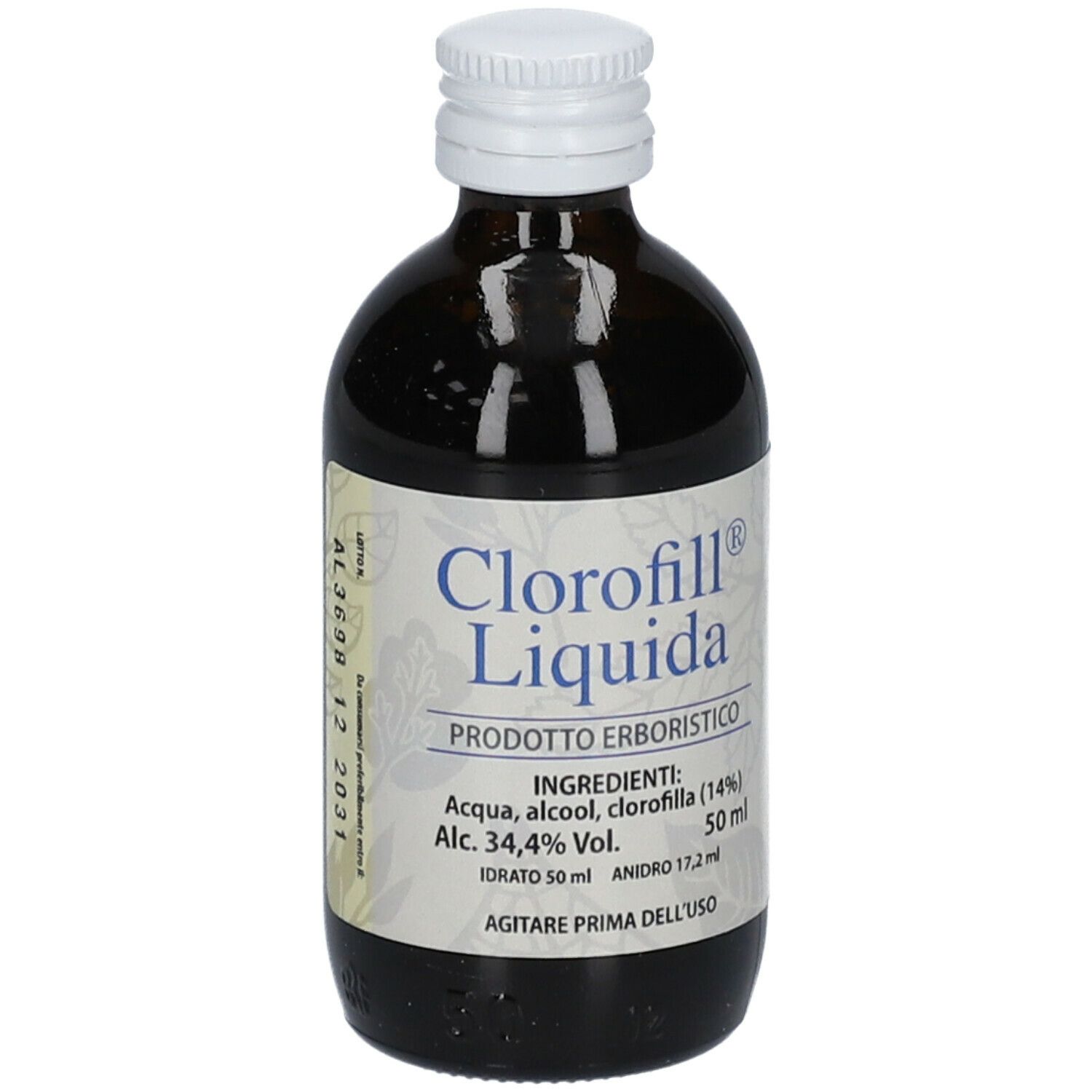 Bottiglia di vetro marrone con tappo bianco. Scritta: Clorofill Liquida, descrizione del prodotto e ingredienti.