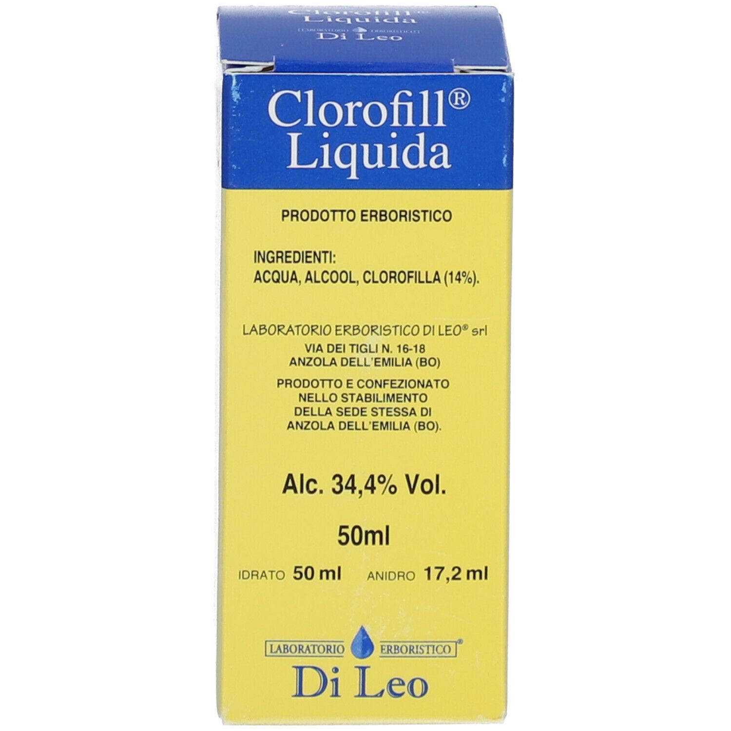Prodotto Clorofill Liquida, confezione. Scritta: Clorofill Liquida, descrizione del prodotto e ingredienti.