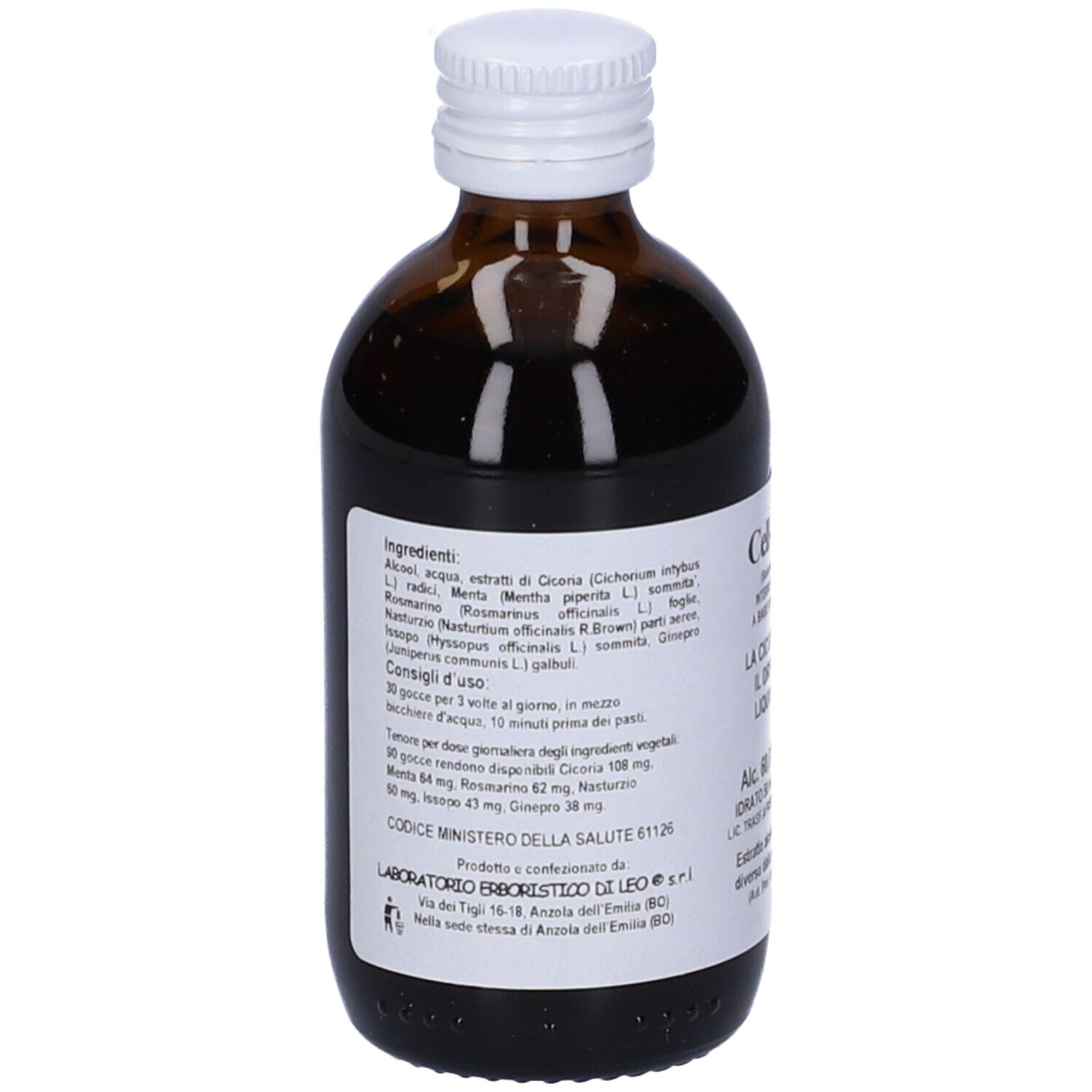 Flacone di vetro marrone con tappo bianco. Etichetta con elenco ingredienti e testo in italiano.