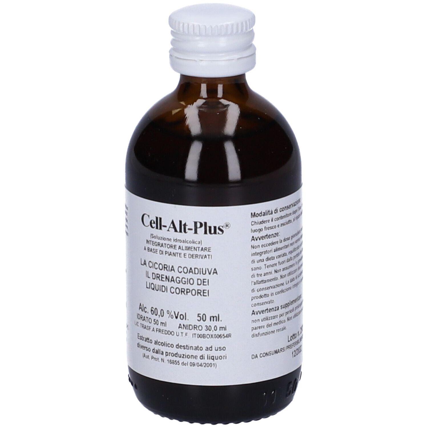 Flacone di vetro marrone con tappo bianco. Etichetta con testo: Cell-Alt-Plus. Scritte in italiano.