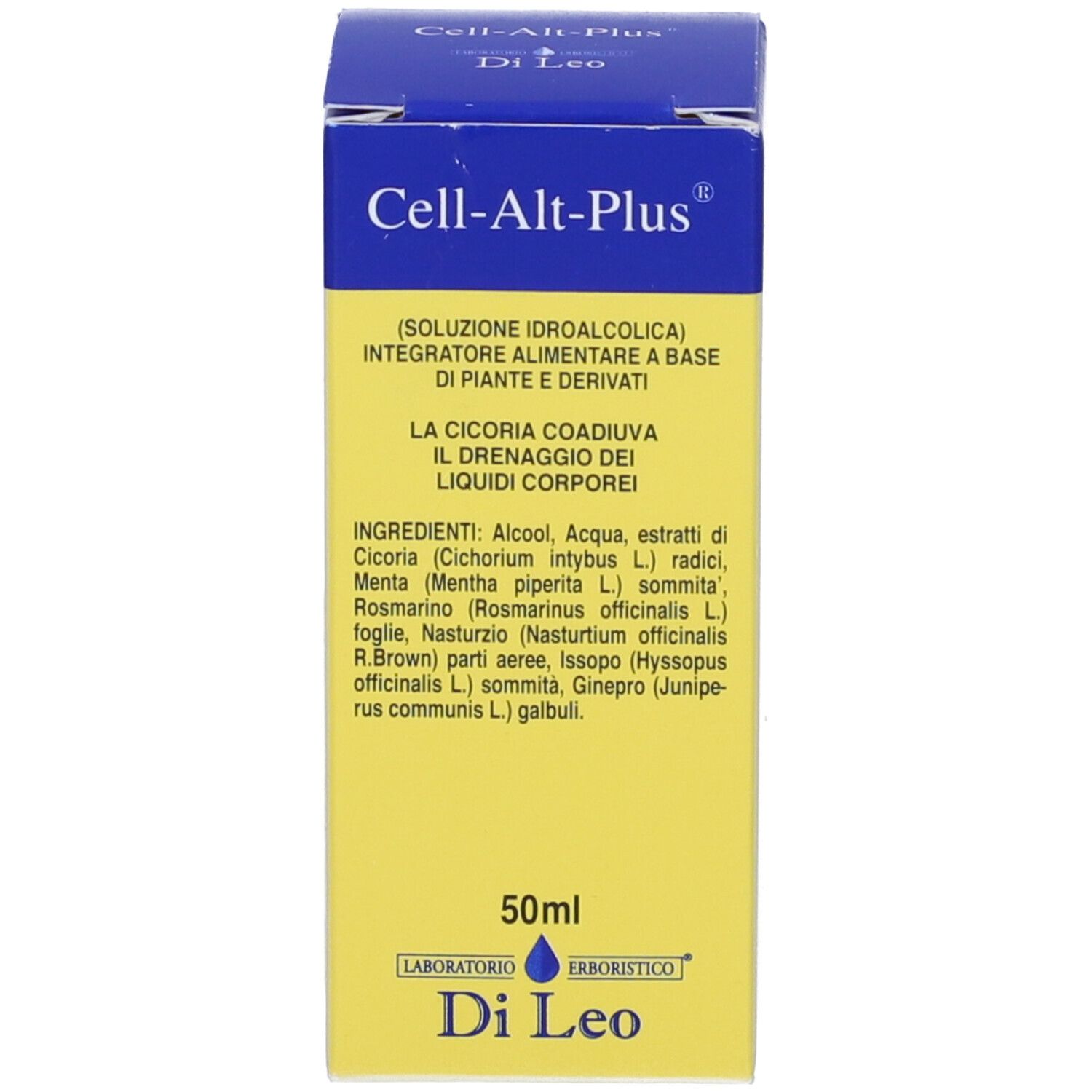 Confezione del prodotto. Confezione gialla e blu con testo: Cell-Alt-Plus. Testo in italiano.