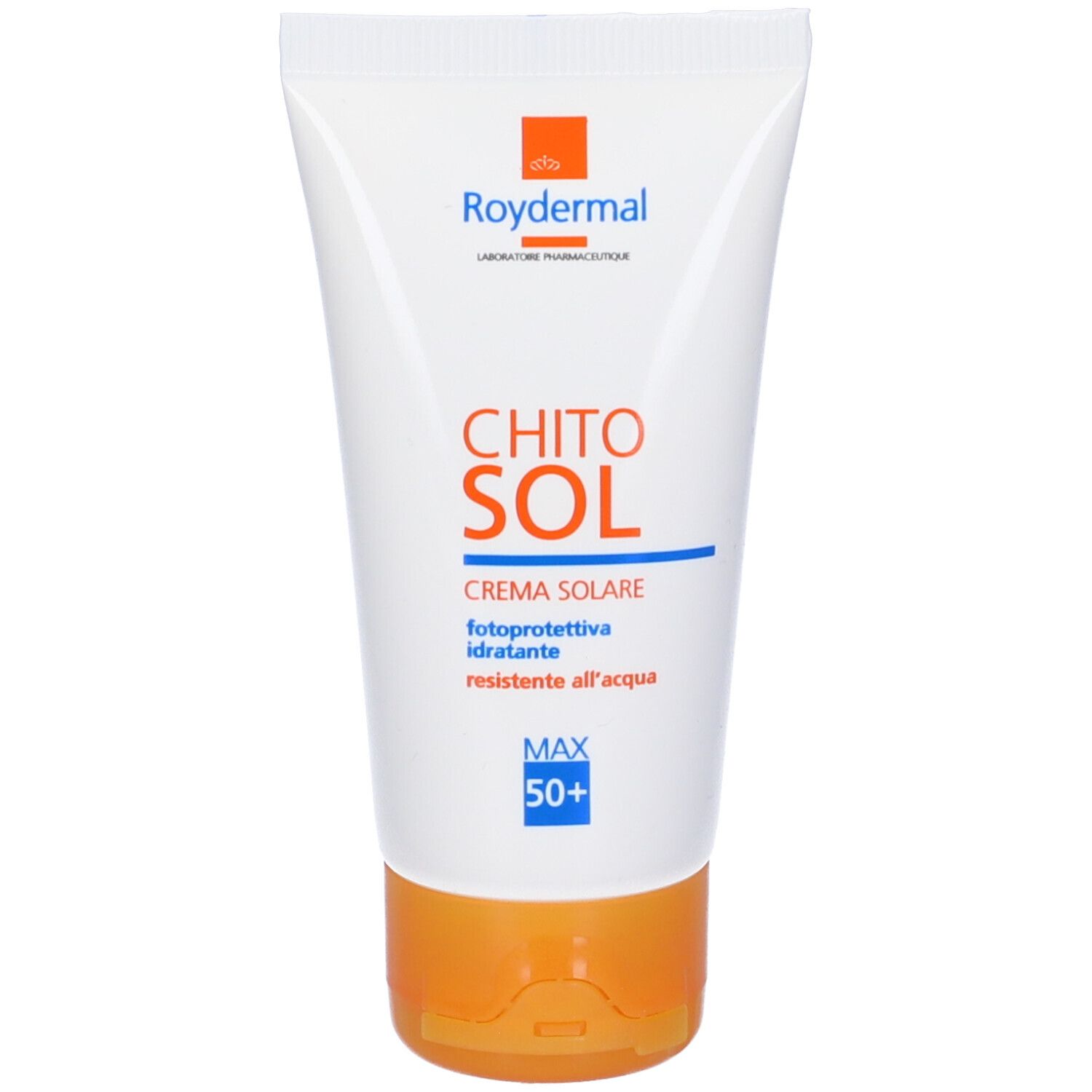 Tubo bianco di crema solare Chitosol Fp 50+. Tappo arancione. Nome e logo del prodotto. Testo: fotoprotettiva idratante resistente all'acqua.