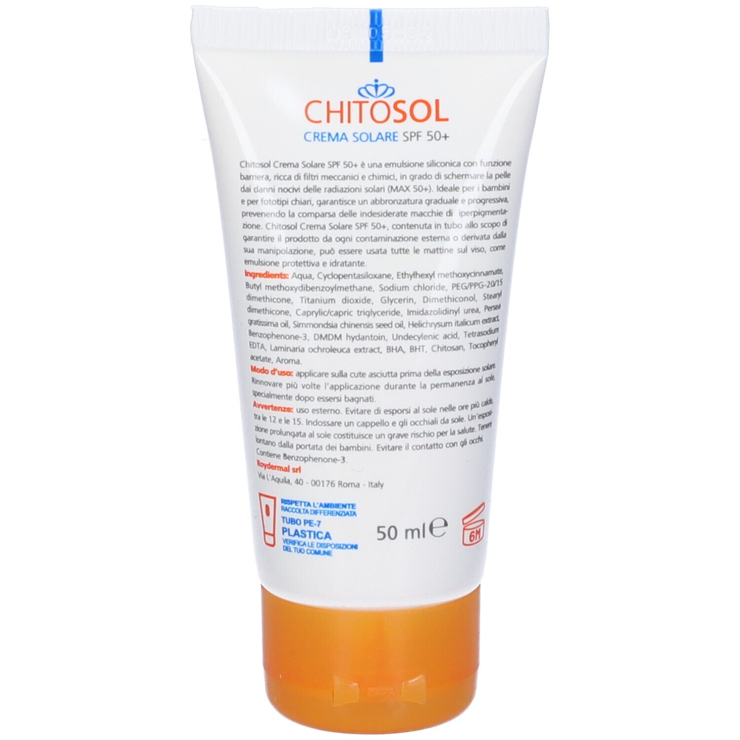 Retro del tubo di crema solare Chitosol Fp 50+. Testo con ingredienti e istruzioni per l'uso. Tappo arancione.