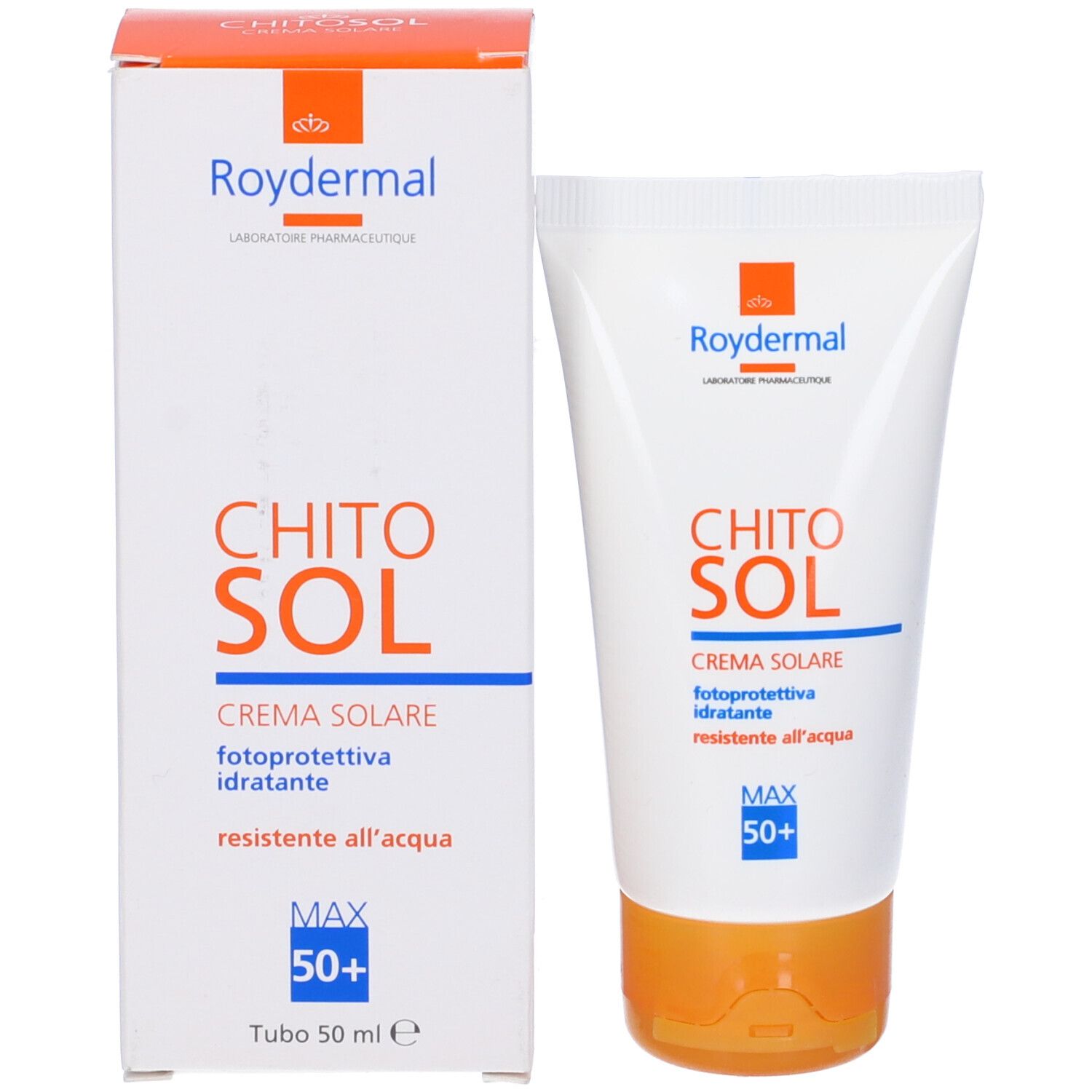 Crema solare Chitosol Fp 50+ e confezione. Tubo e scatola bianchi con logo e nome. Testo: fotoprotettiva idratante resistente all'acqua.