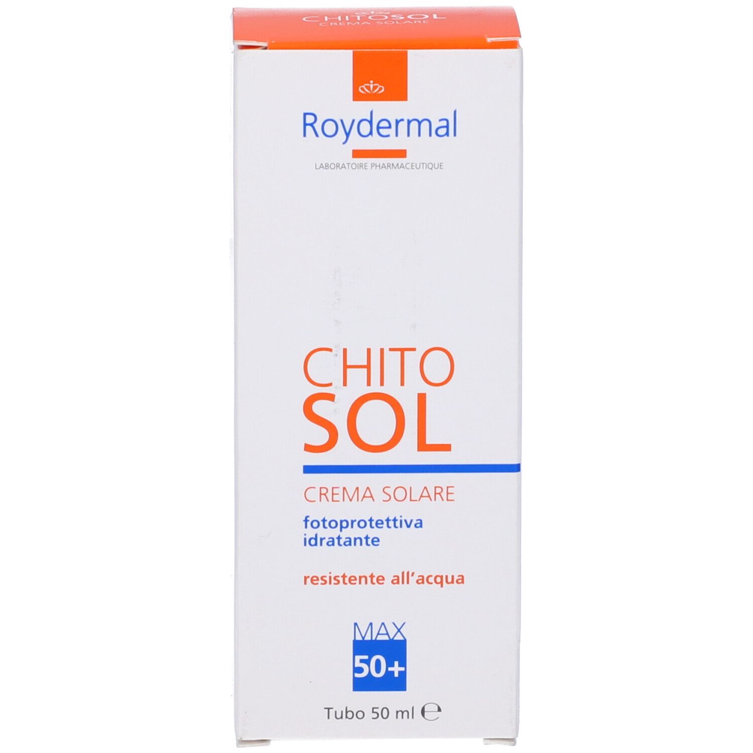 Confezione della crema solare Chitosol Fp 50+. Scatola bianca con nome e logo. Testo: fotoprotettiva idratante resistente all'acqua.