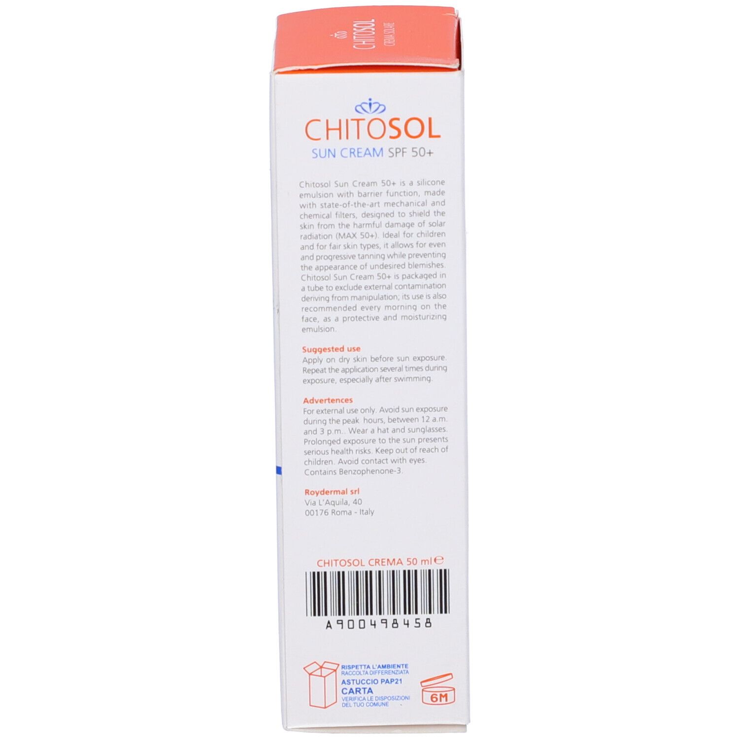 Retro della confezione della crema solare Chitosol Fp 50+. Testo con informazioni sul prodotto. Scatola bianca.