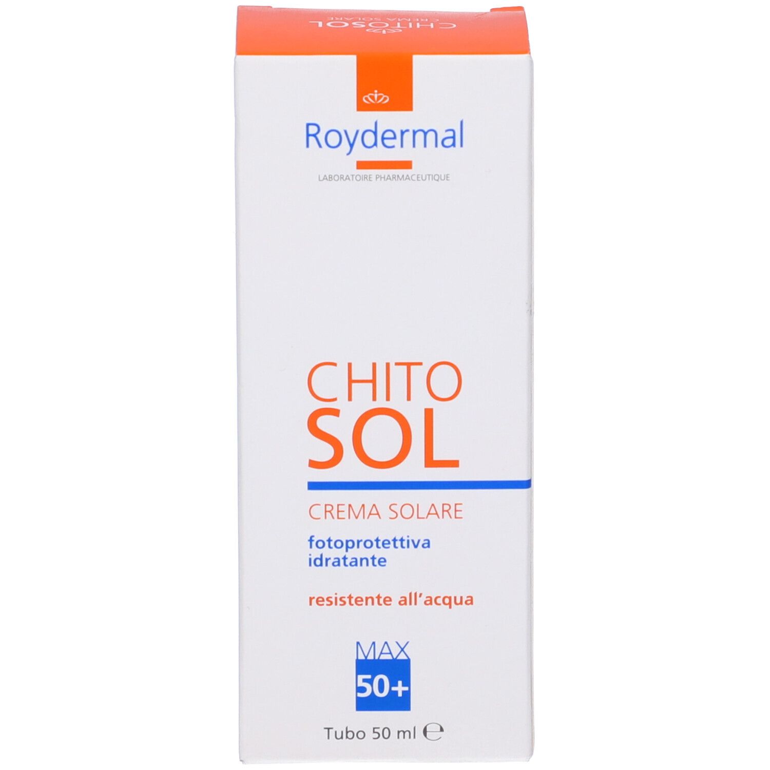 Confezione della crema solare Chitosol Fp 50+. Scatola bianca con nome e logo. Testo: fotoprotettiva idratante resistente all'acqua.