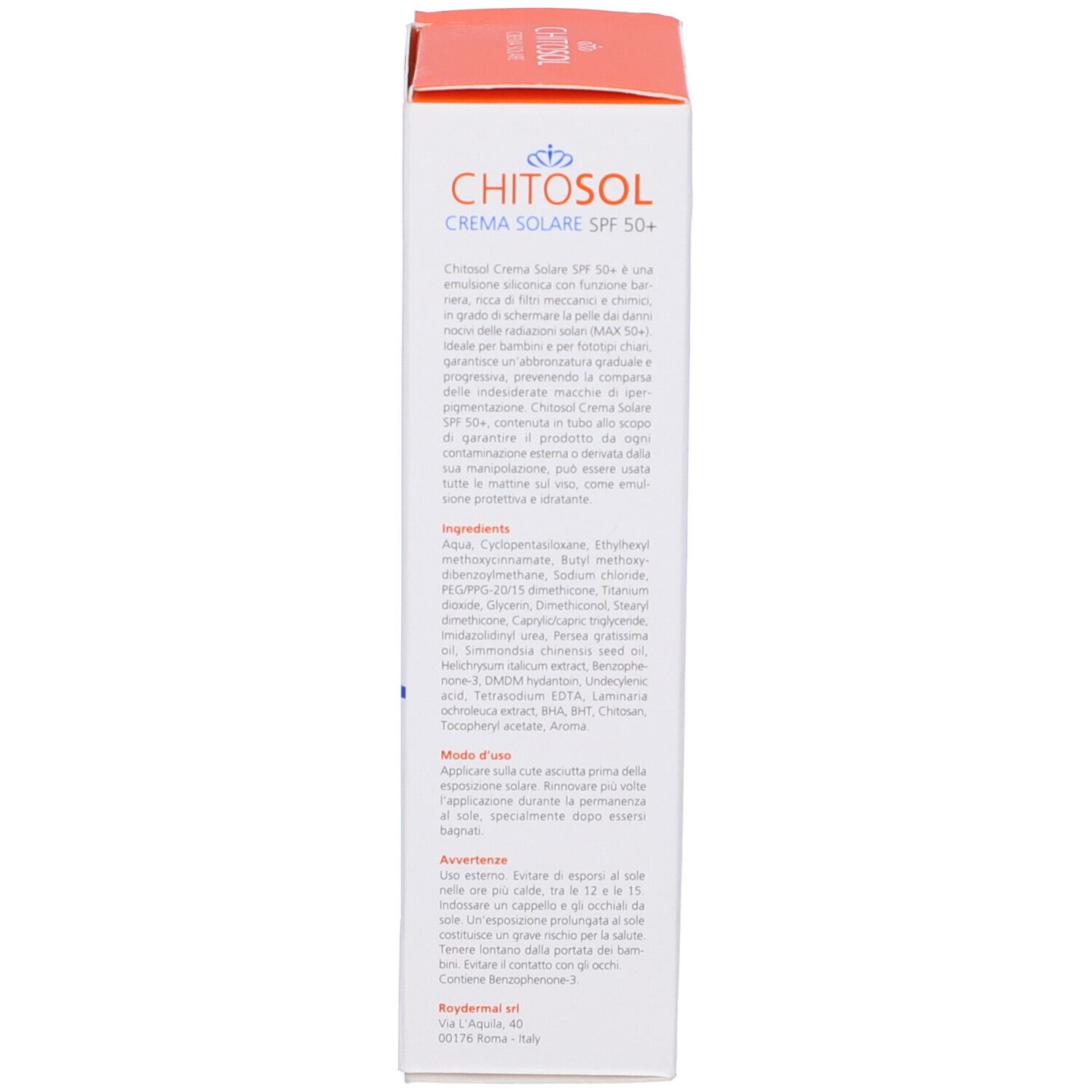 Retro della confezione della crema solare Chitosol Fp 50+. Testo con informazioni sul prodotto. Scatola bianca.