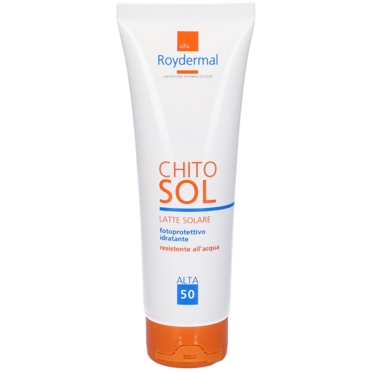 Tubo bianco con tappo arancione. Scritta: Chitosol, Latte Solare, Alta 50. Marchio: Roydermal.