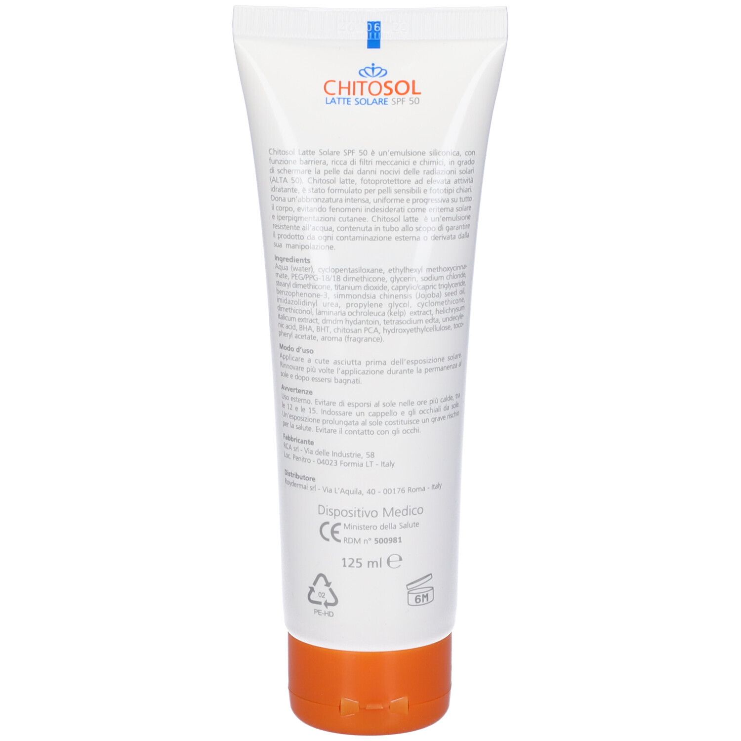 Retro del tubo bianco. Testo con ingredienti e istruzioni per l'uso. Tappo arancione. 125 ml.
