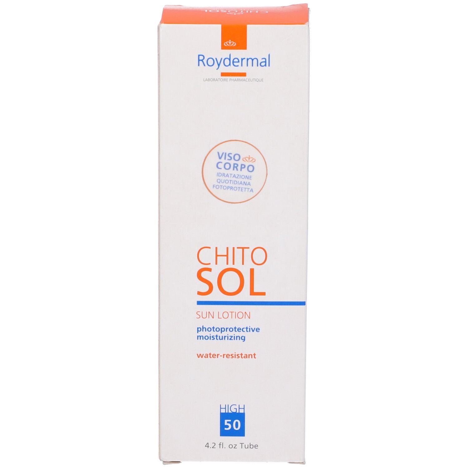 Scatola bianca alta con stampa del prodotto. Scritta: Chitosol, Sun Lotion, High 50. Marchio: Roydermal.