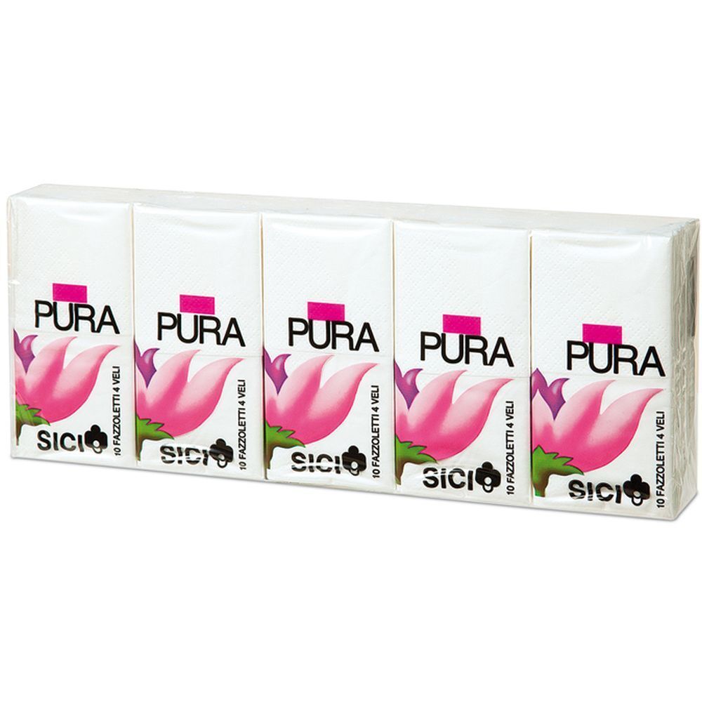 Cinque confezioni di fazzoletti bianchi in pellicola. Scritta: Pura, logo, 10 Fazzoletti, 4 veli.