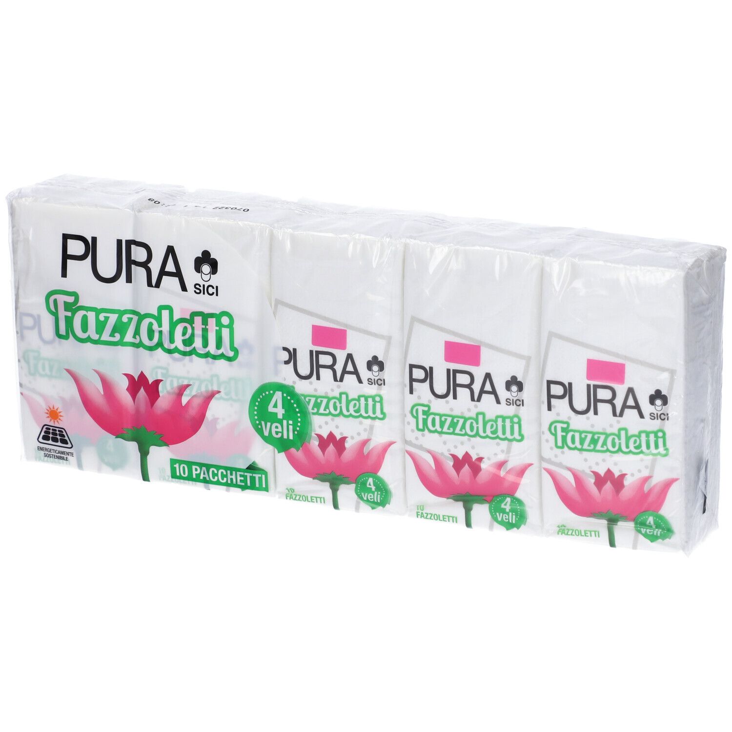 Confezione con quattro pacchetti di fazzoletti. Scritta: Pura, logo, Fazzoletti, 4 veli, 10 Pacchetti.