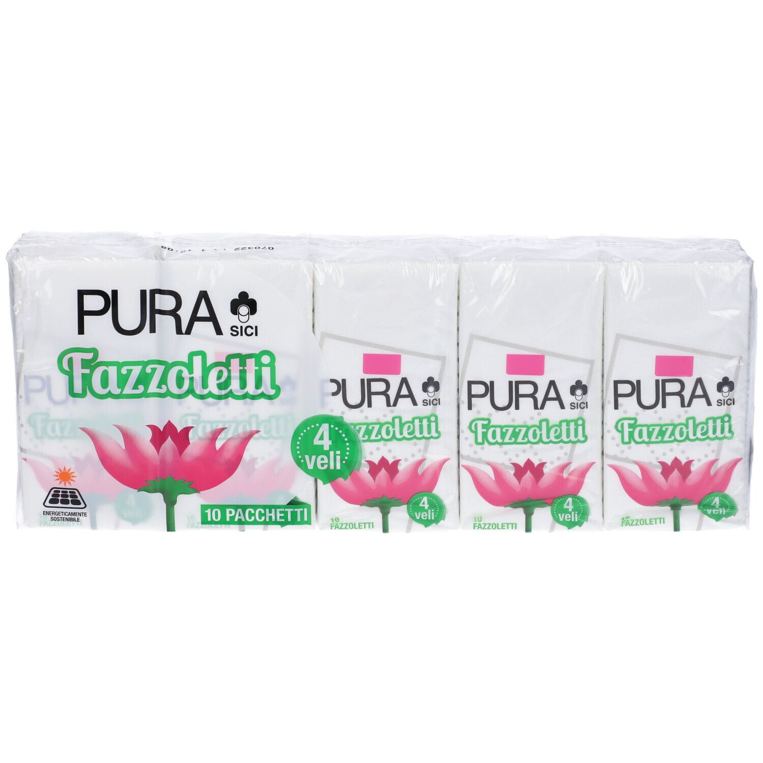Confezione con quattro pacchetti di fazzoletti. Scritta: Pura, logo, Fazzoletti, 4 veli, 10 Pacchetti.