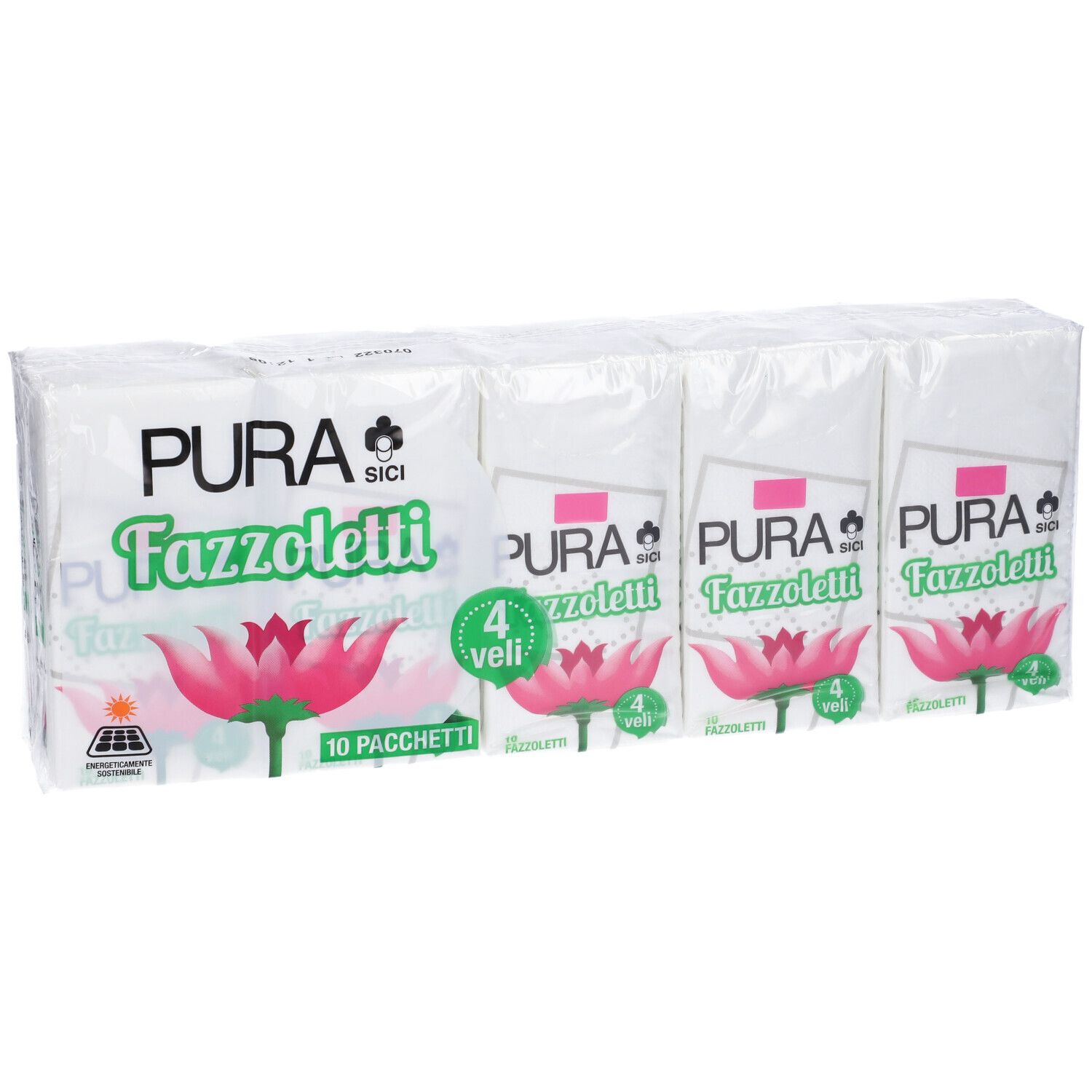 Confezione con quattro pacchetti di fazzoletti. Scritta: Pura, logo, Fazzoletti, 4 veli, 10 Pacchetti.