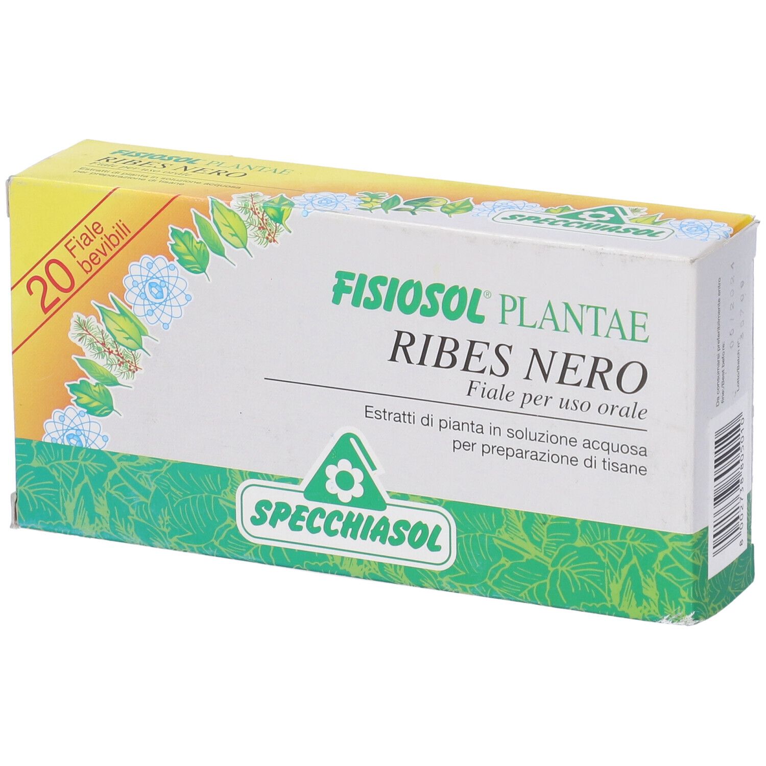 Scatola con scritto: Fisiosol Plantae Ribes Nero, 20 fiale. Marchio: Specchiasol.