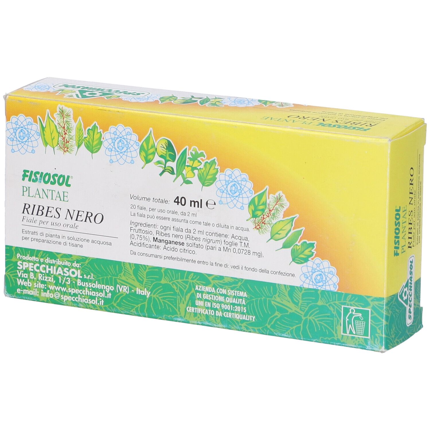 Scatola con scritto: Fisiosol Plantae Ribes Nero, 20 fiale. Marchio: Specchiasol.