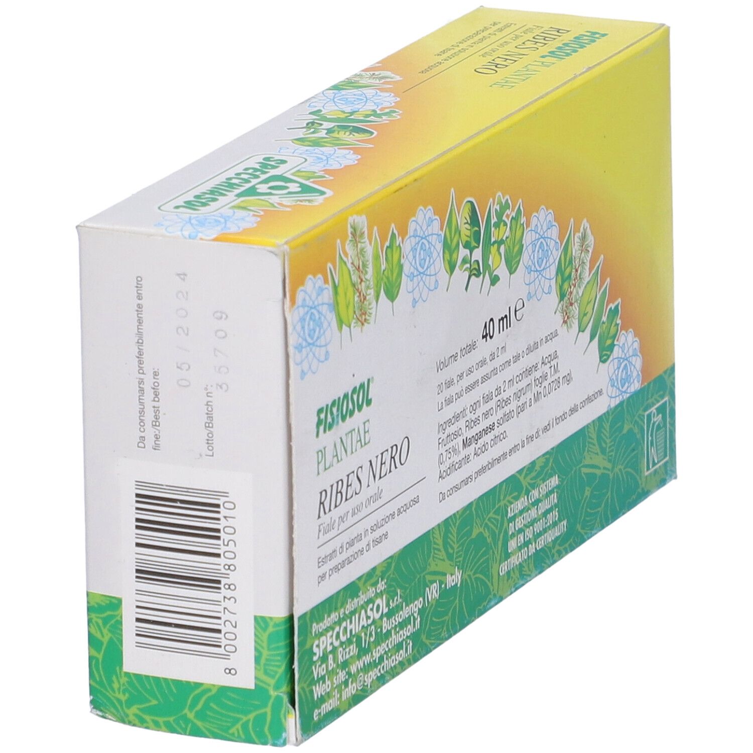 Scatola con scritto: Fisiosol Plantae Ribes Nero, 20 fiale. Marchio: Specchiasol.