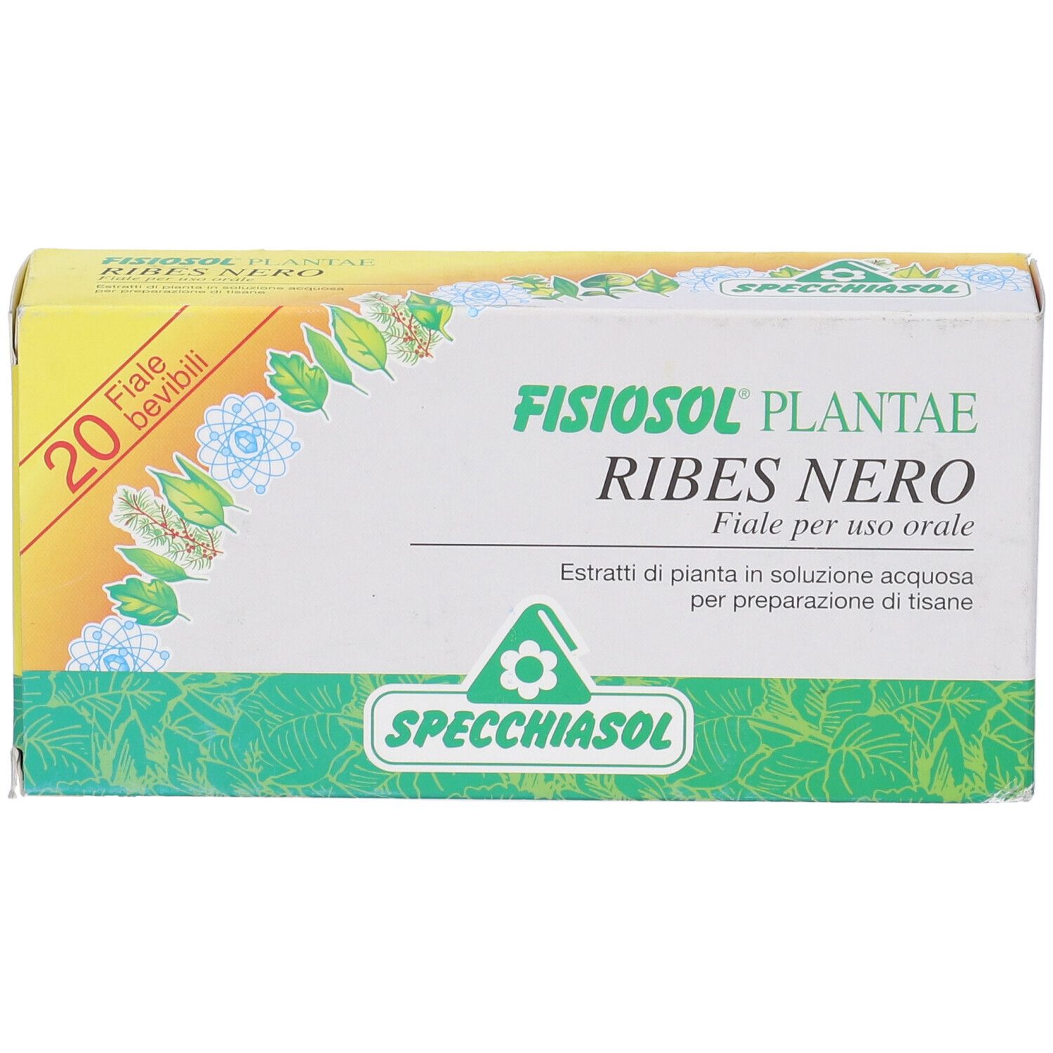 Scatola con scritto: Fisiosol Plantae Ribes Nero, 20 fiale. Marchio: Specchiasol.