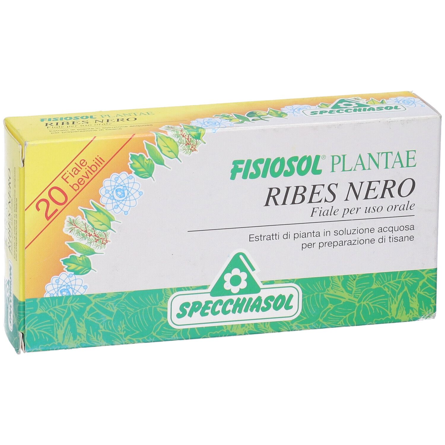 Scatola con scritto: Fisiosol Plantae Ribes Nero, 20 fiale. Marchio: Specchiasol.