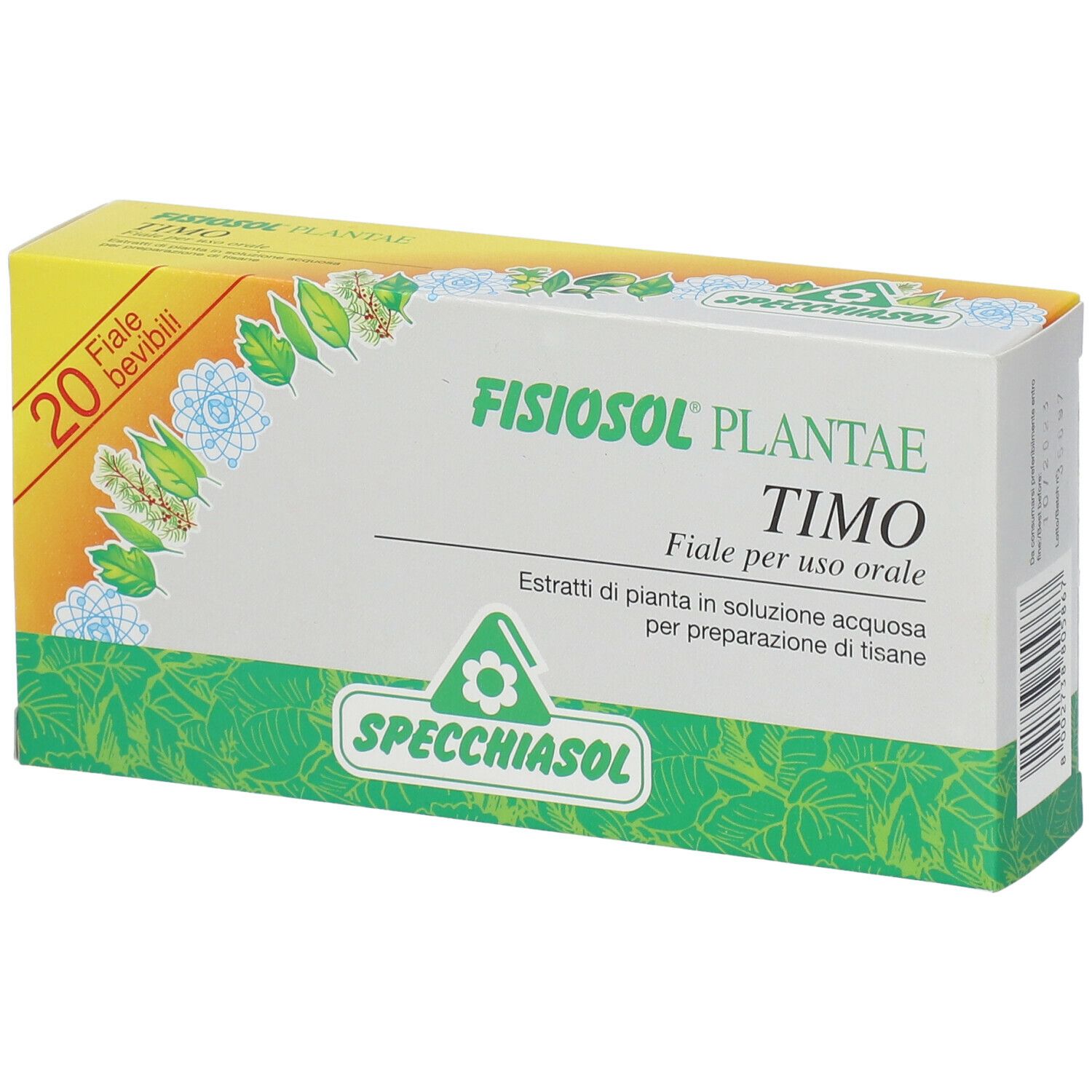 Confezione di FISIOSOL PLANTAE TIMO. 20 fiale bevibili. Logo SPECCHIASOL. Scatola verde-gialla con motivi vegetali.