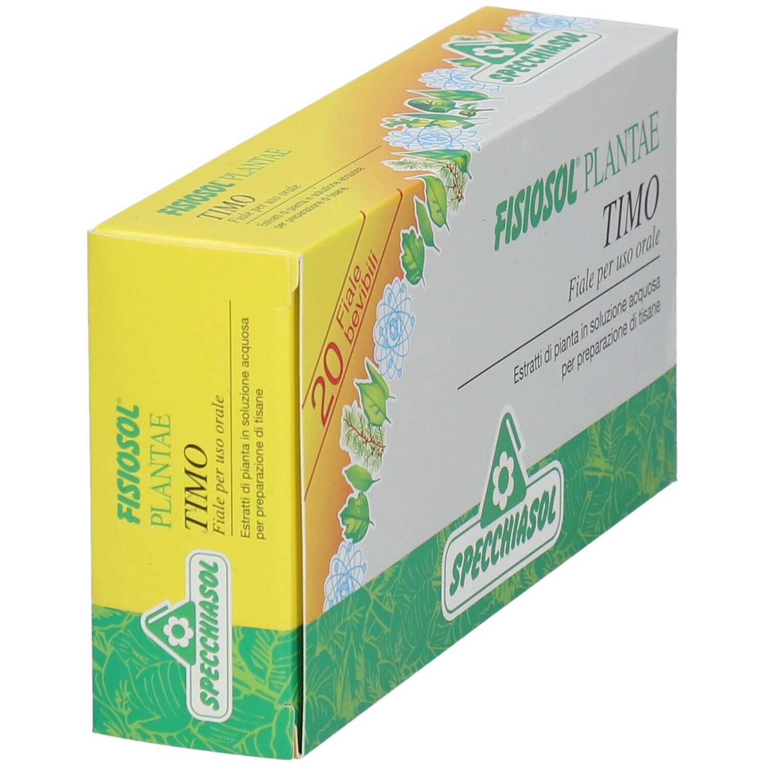 Confezione FISIOSOL PLANTAE TIMO. 20 fiale bevibili. Logo SPECCHIASOL. Scatola giallo-verde, in prospettiva.