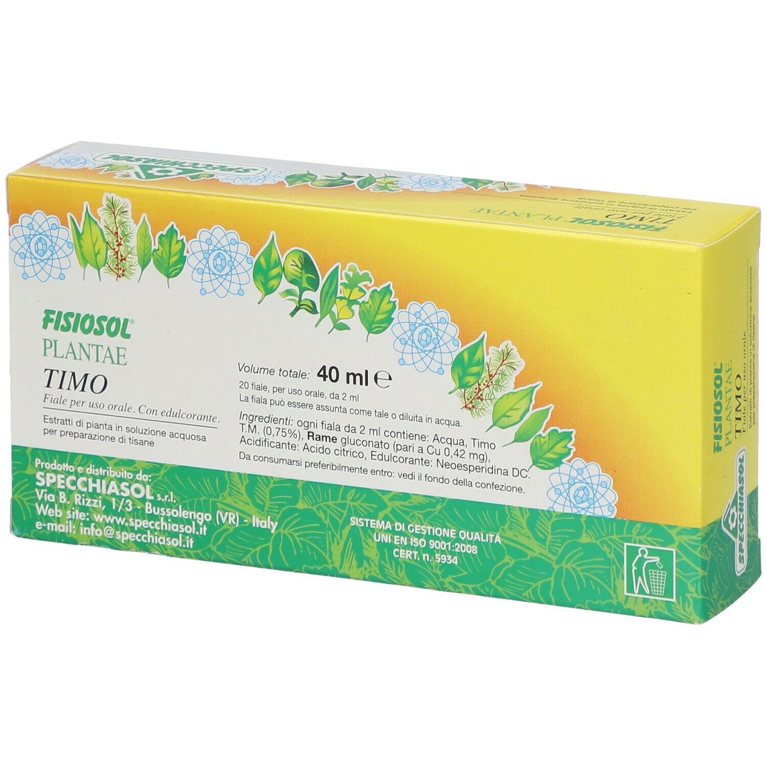 Confezione FISIOSOL PLANTAE TIMO. 40 ml. Logo SPECCHIASOL. Scatola verde-gialla con informazioni e marchi di qualità.