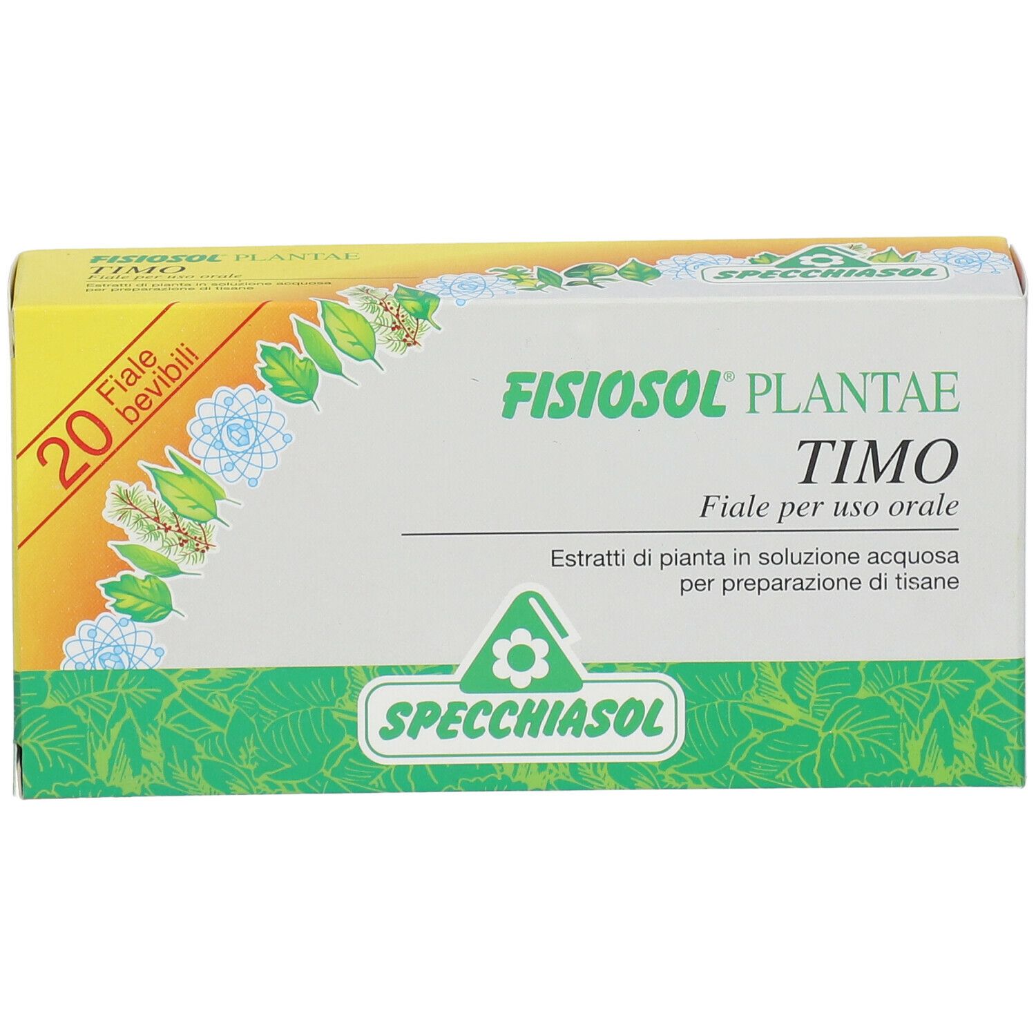 Confezione FISIOSOL PLANTAE TIMO. 20 fiale bevibili. Logo SPECCHIASOL. Scatola verde-gialla con motivi vegetali.