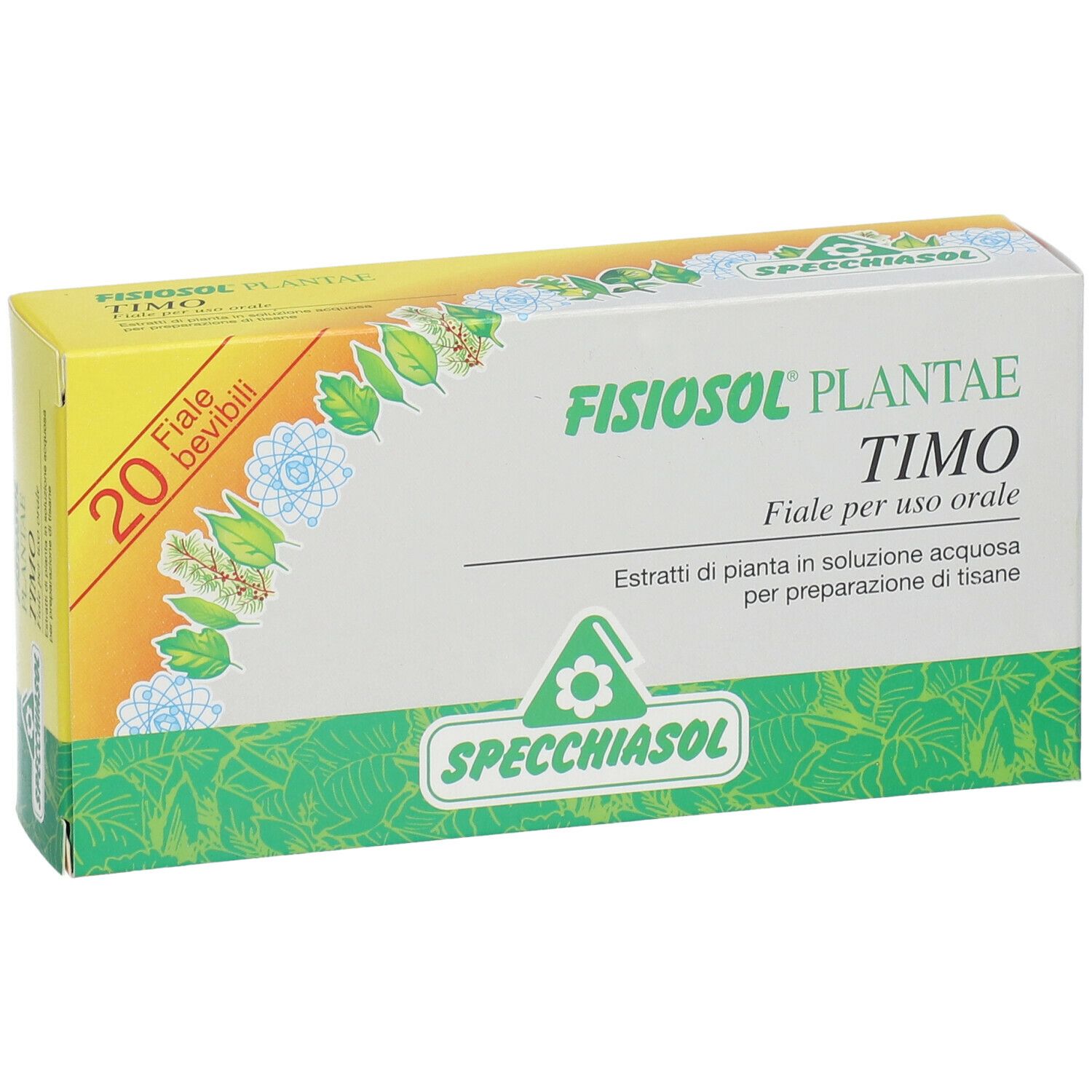 Confezione FISIOSOL PLANTAE TIMO. 20 fiale bevibili. Logo SPECCHIASOL. Scatola verde-gialla con motivi vegetali.
