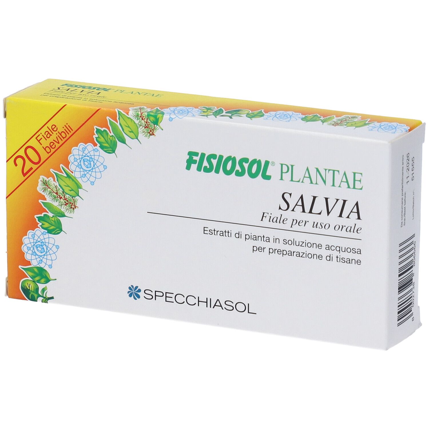 Scatola Fisiosol Pl Salvia. Bianca con dettagli gialli. Contiene 20 fiale. Nome e logo del prodotto.