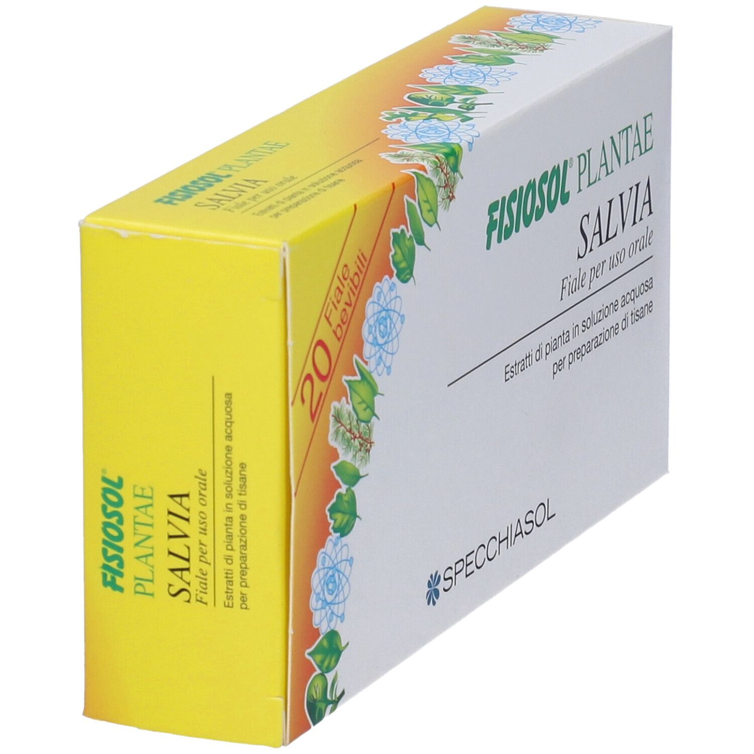 Scatola Fisiosol Pl Salvia, angolata. Giallo-bianca con nome e logo. Contiene 20 fiale.