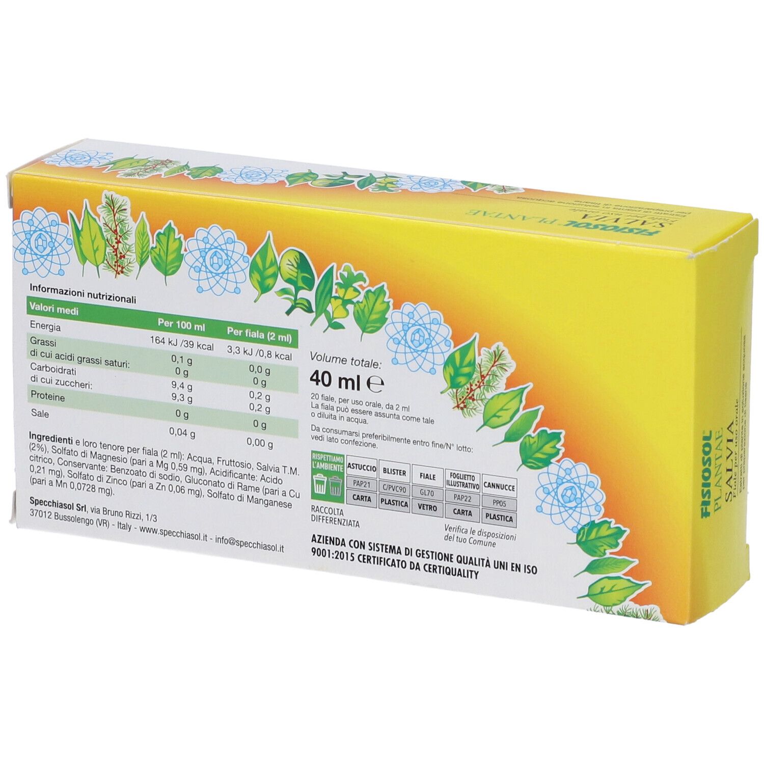 Retro della confezione Fisiosol Pl Salvia. Contiene informazioni nutrizionali e certificazioni.