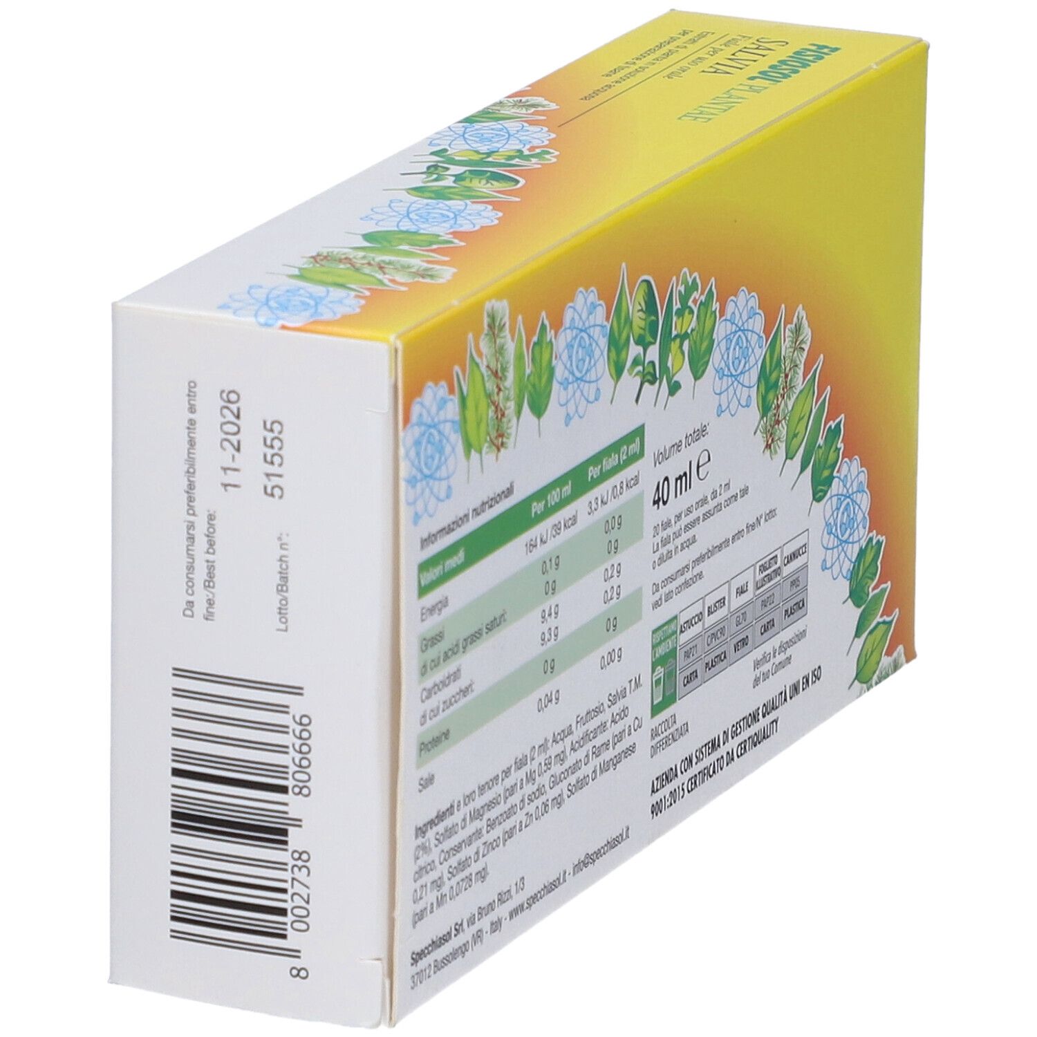 Scatola Fisiosol Pl Salvia, angolata. Contiene informazioni nutrizionali, codice a barre e scadenza.