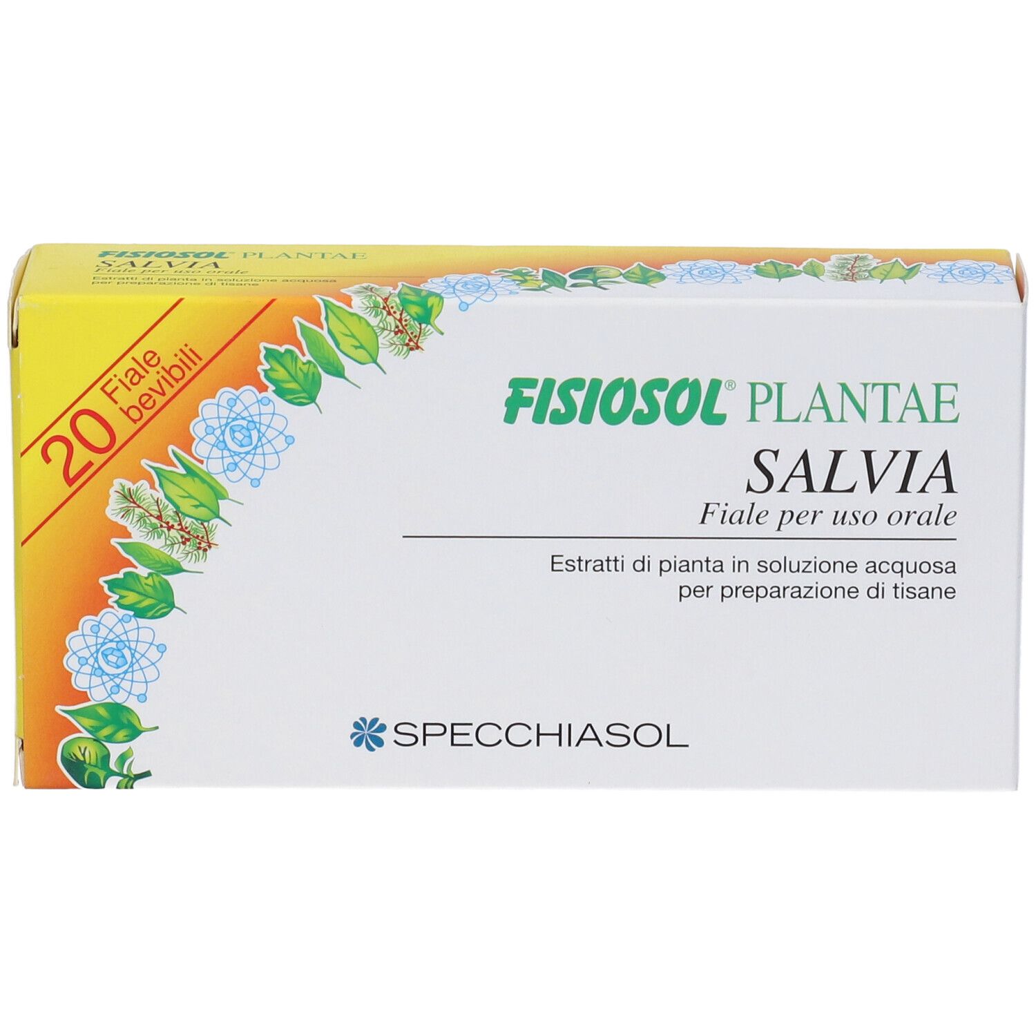 Scatola Fisiosol Pl Salvia. Bianca con dettagli gialli. Contiene 20 fiale. Nome e logo del prodotto.