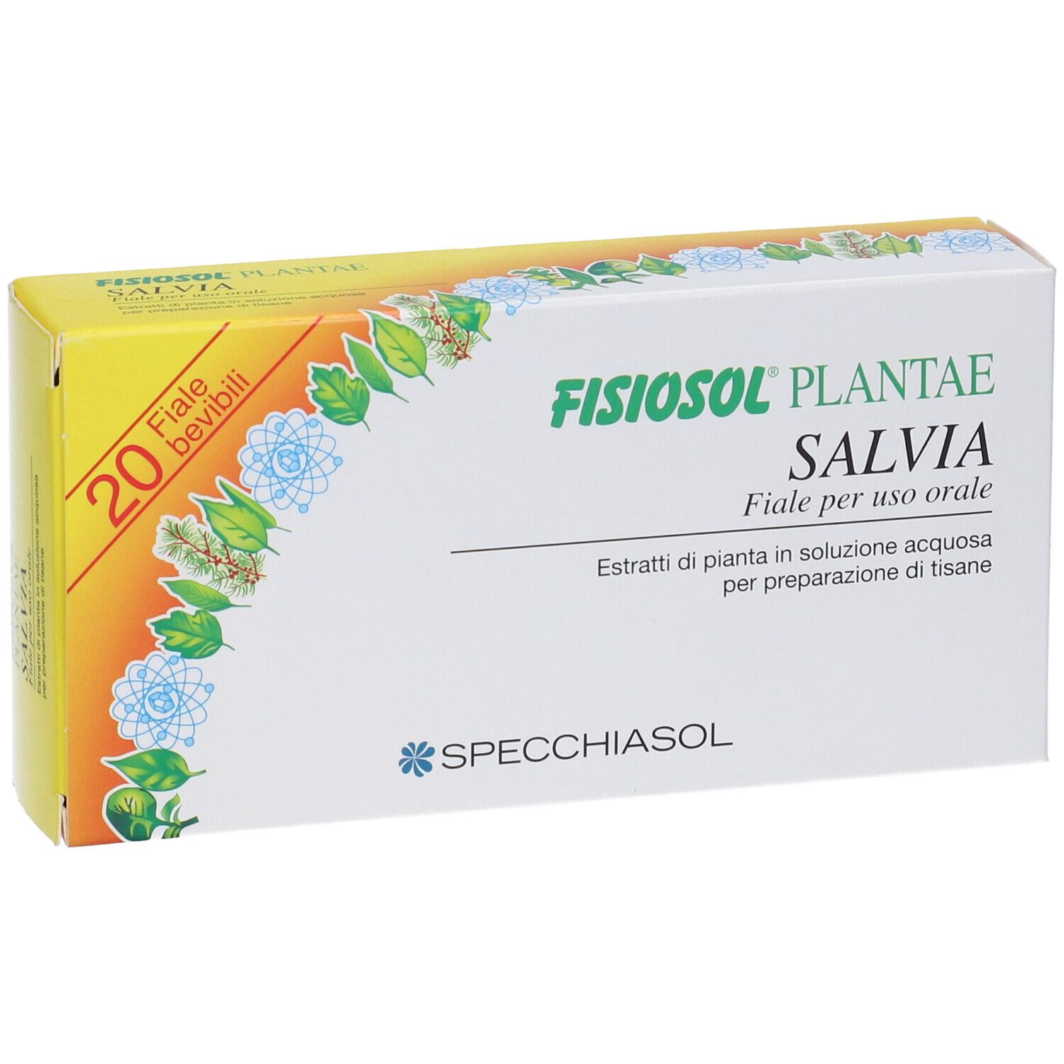 Scatola Fisiosol Pl Salvia. Bianca con dettagli gialli. Contiene 20 fiale. Nome e logo del prodotto.