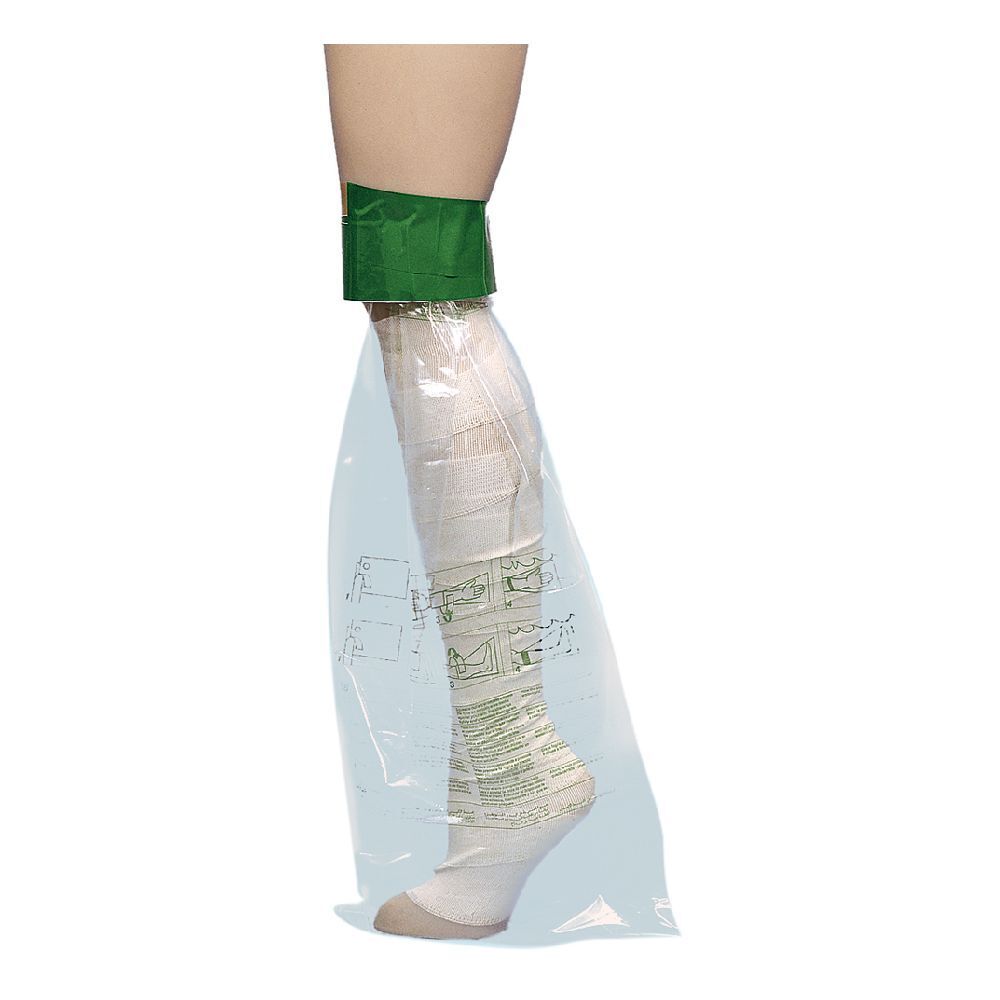 Gamba ingessata in sacco protettivo di plastica. Chiusura verde sulla parte superiore della gamba. Istruzioni sull'imballaggio.