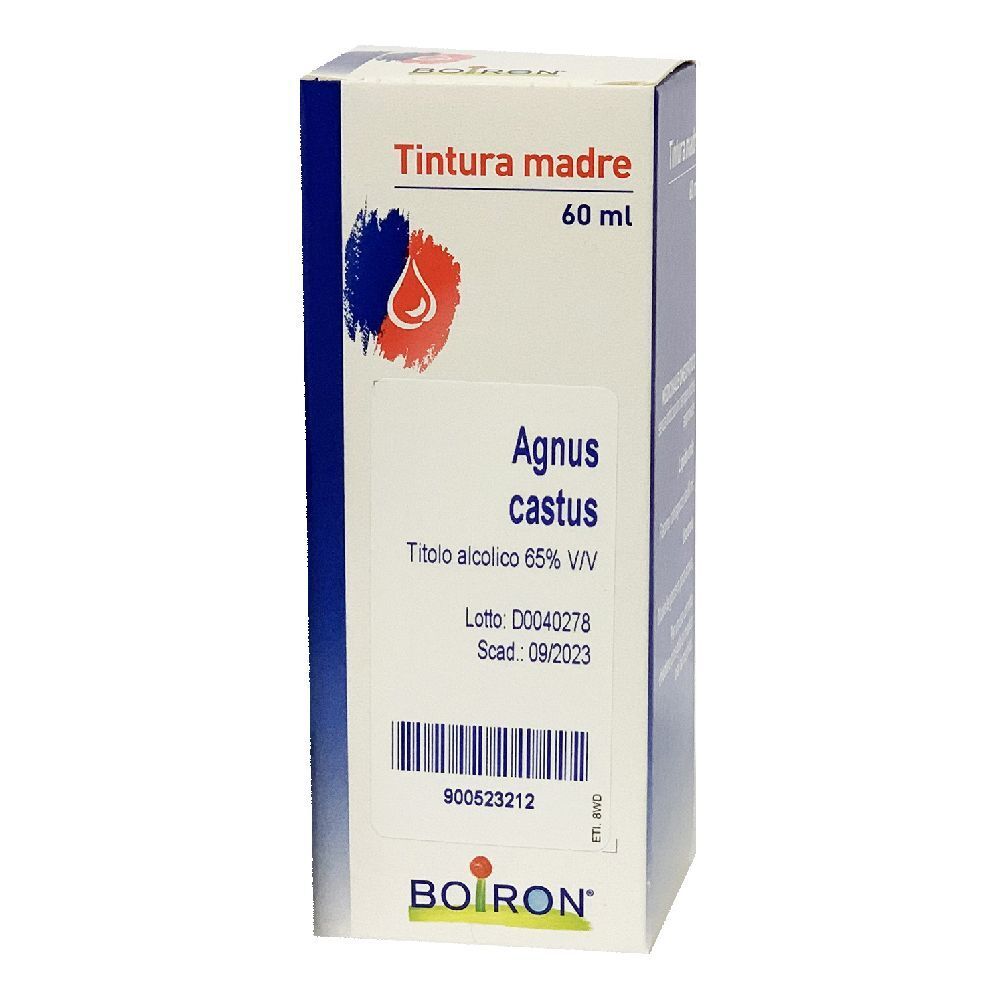 Scatola con etichetta. Scritta: Tintura madre, 60 ml, Agnus castus. Marchio: Boiron.