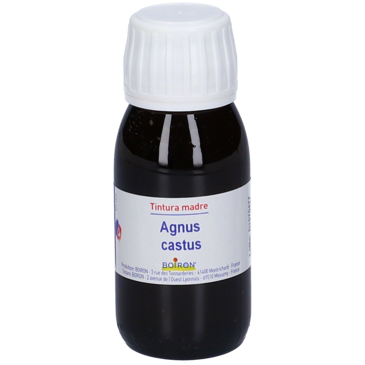 Liquido marrone in flacone con tappo bianco. Etichetta con testo: Tintura madre, Agnus castus. Marchio: Boiron.