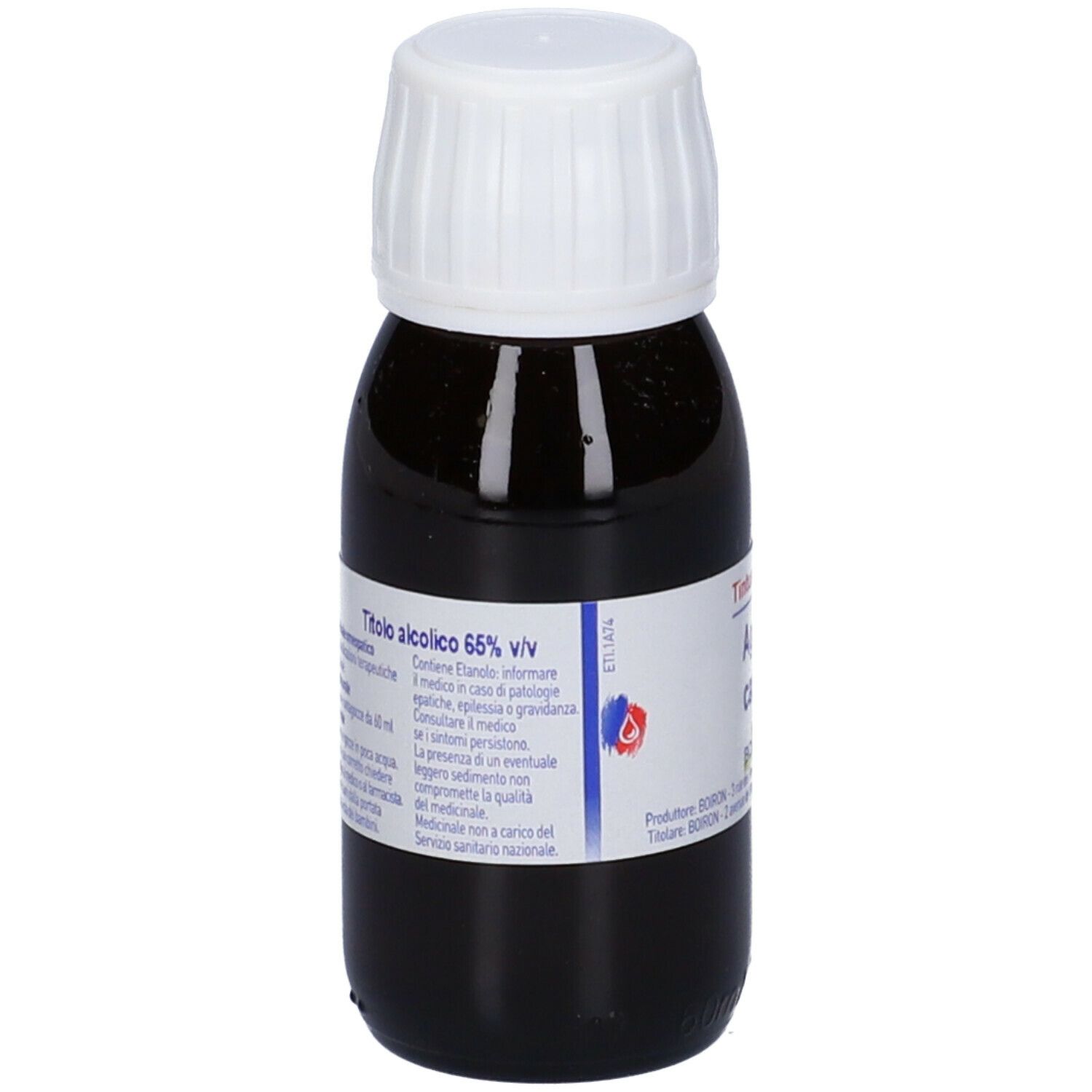 Liquido marrone in flacone con tappo bianco. Etichetta con testo: Tintura madre, Agnus castus. Marchio: Boiron.