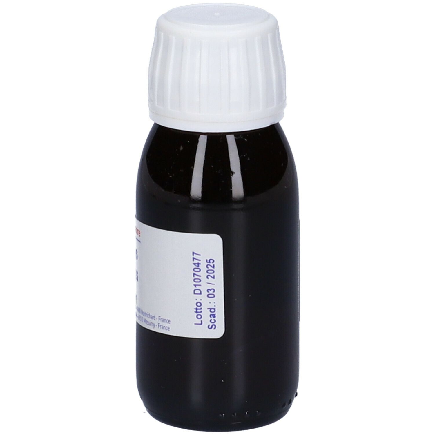 Liquido marrone in flacone con tappo bianco. Etichetta con testo: Tintura madre, Agnus castus. Marchio: Boiron.