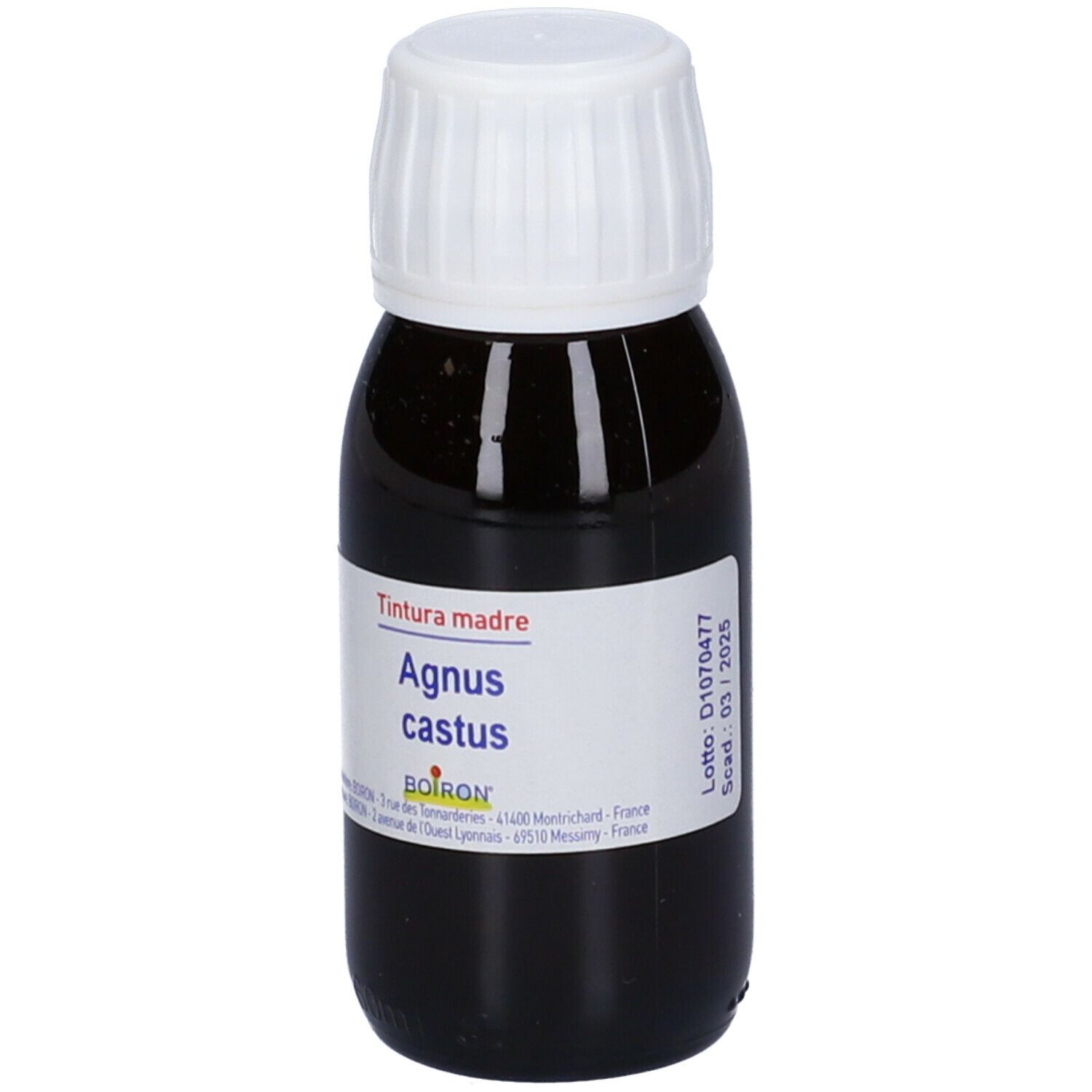 Liquido marrone in flacone con tappo bianco. Etichetta con testo: Tintura madre, Agnus castus. Marchio: Boiron.