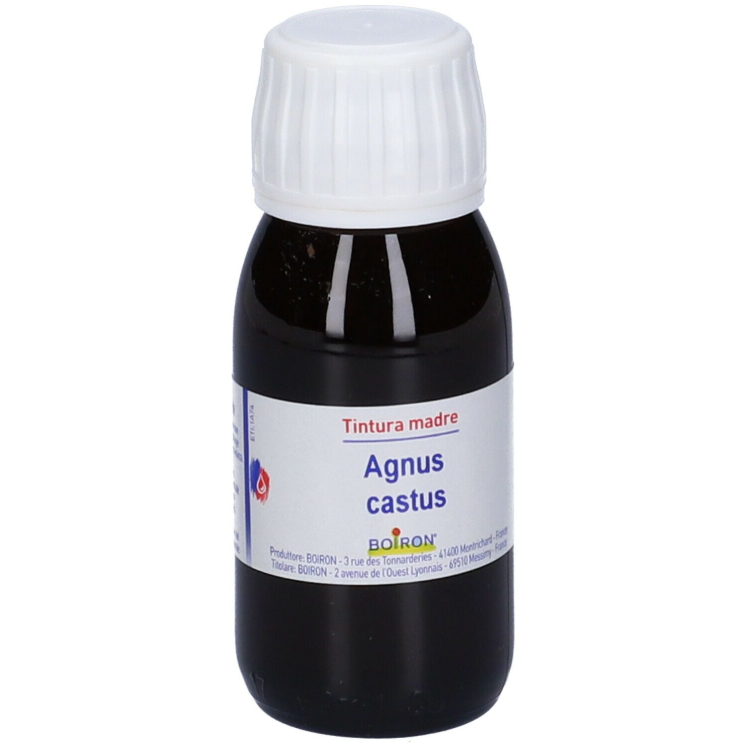 Liquido marrone in flacone con tappo bianco. Etichetta con testo: Tintura madre, Agnus castus. Marchio: Boiron.