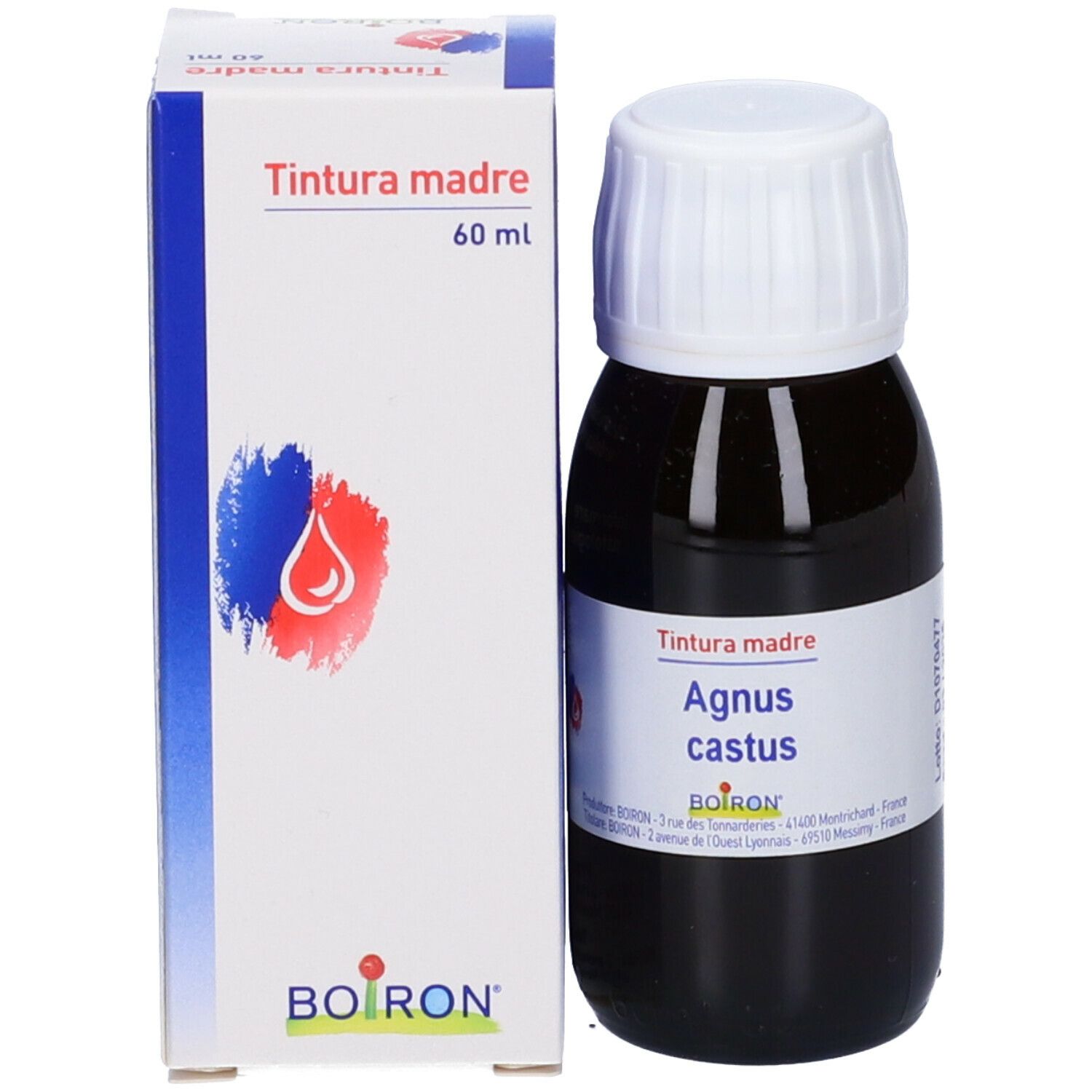 Flacone e scatola. Flacone con liquido marrone, tappo bianco. Scatola con logo e testo: Tintura madre, 60 ml.