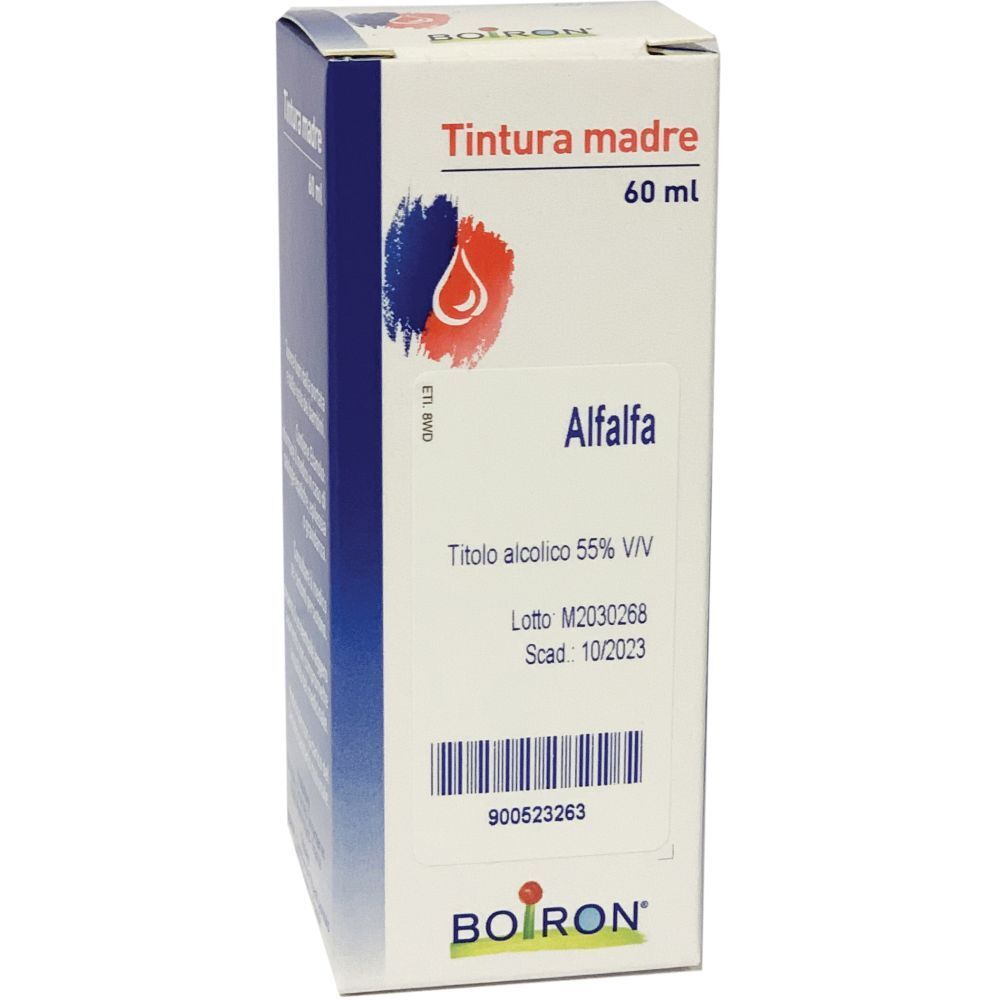 Scatola di BOIRON® Alfalfa Tintura Madre. Scritto: Alfalfa, 60 ml. Marchio e nome del prodotto ben visibili.